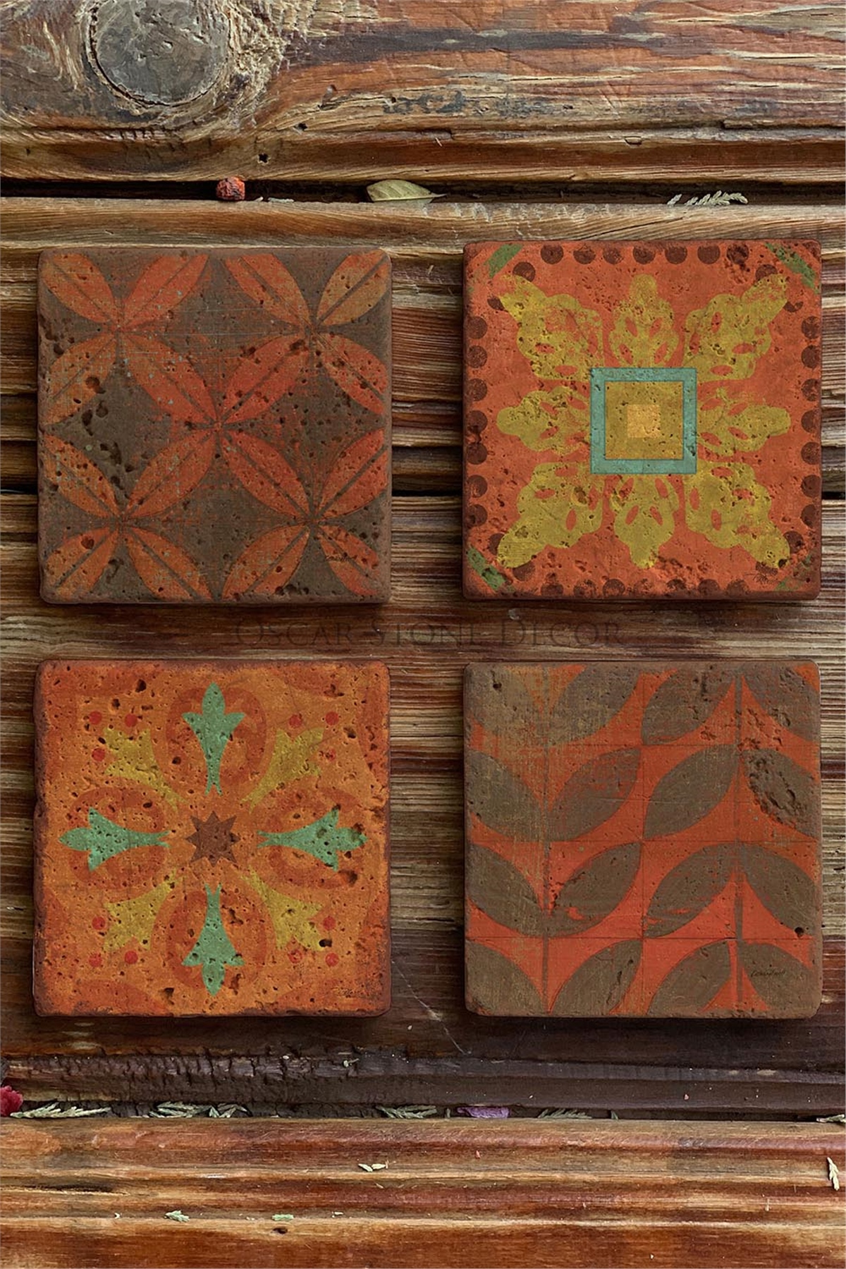 Oscar Stone Decor Baskılı Doğaltaş Bardak Altlığı 4'lü Set Desen Tile