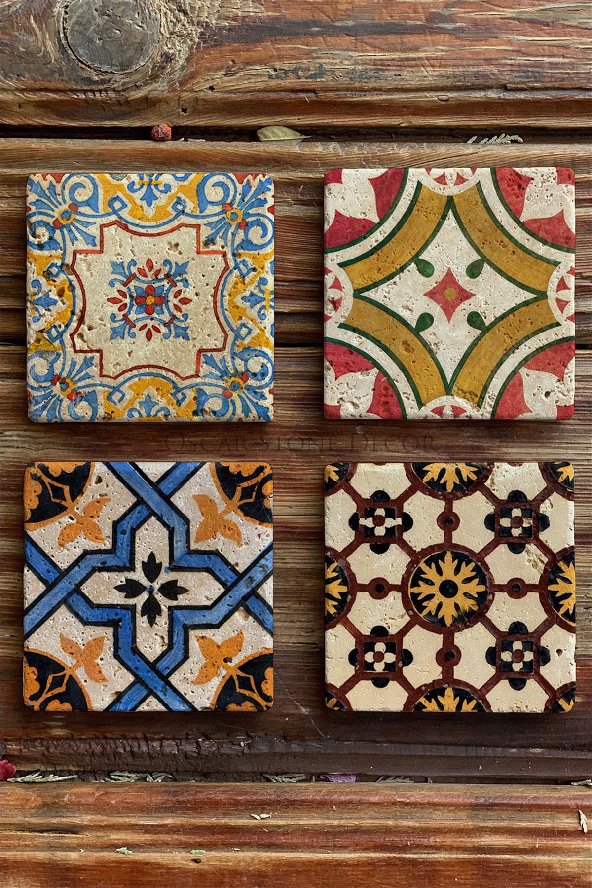 Oscar Stone Decor Baskılı Doğaltaş Bardak Altlığı 4'lü Set Desen Tile