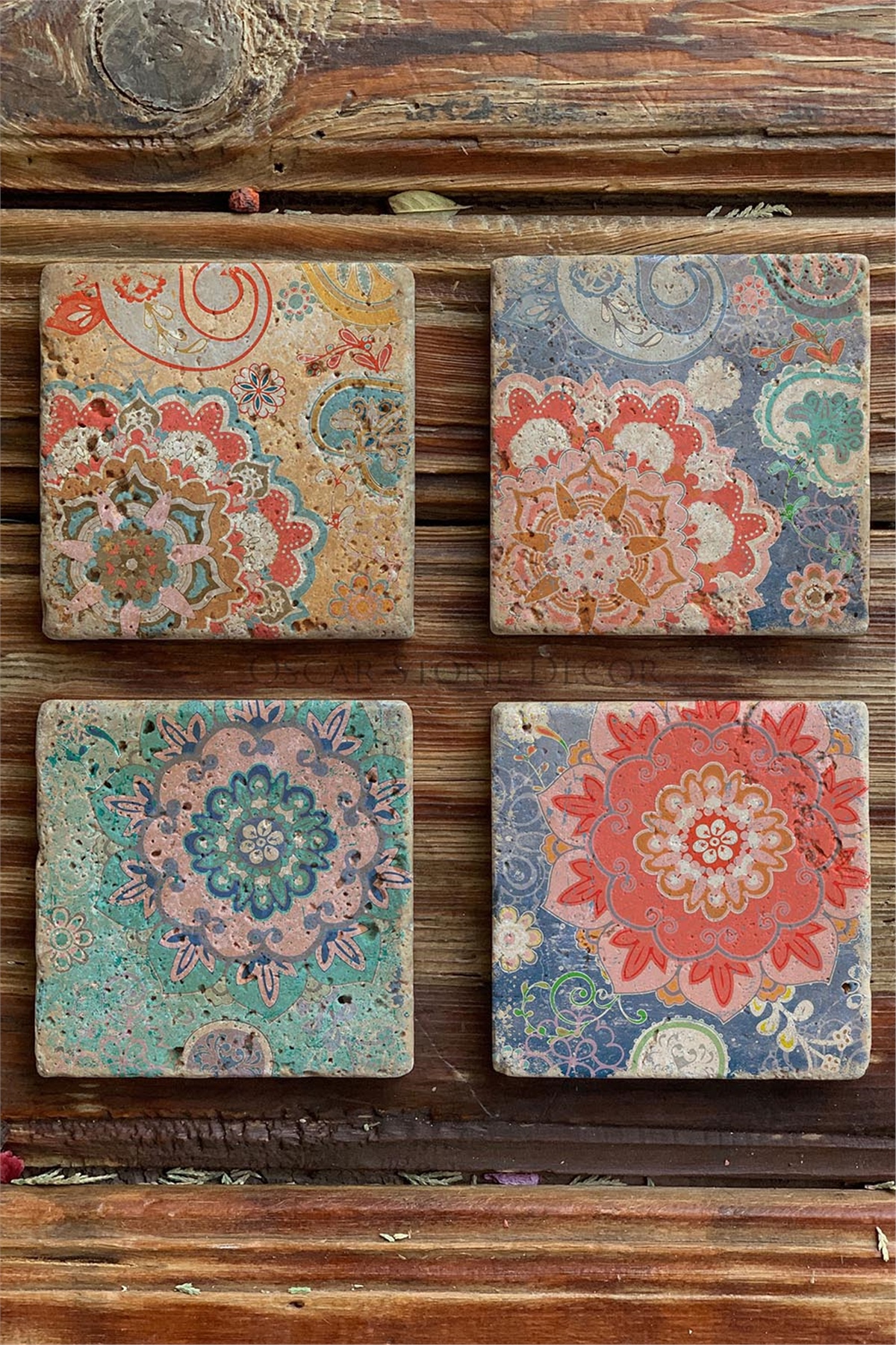 Oscar Stone Decor Baskılı Doğaltaş Bardak Altlığı 4'lü Set Desen Tile
