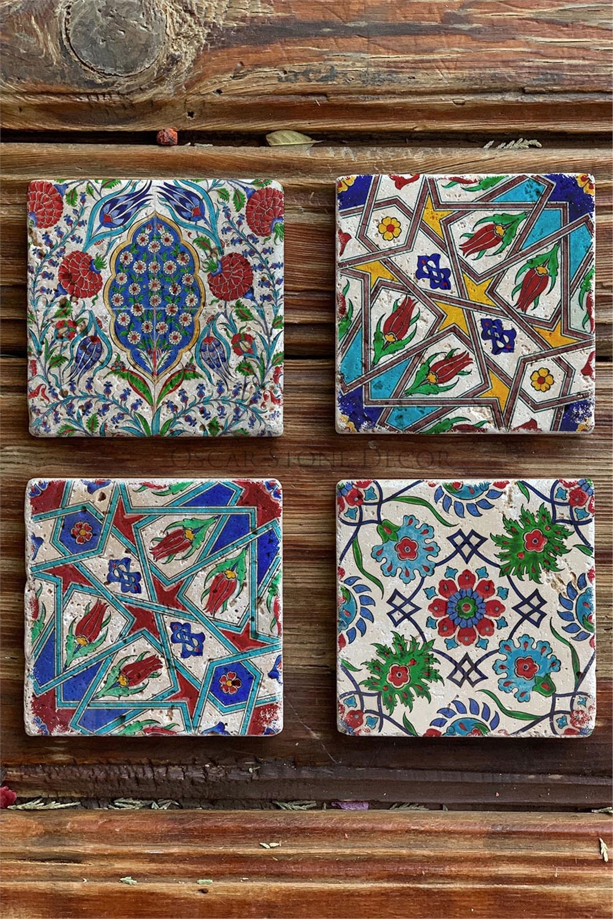 Oscar Stone Decor Baskılı Doğaltaş Bardak Altlığı 4'lü Set Desen Tile