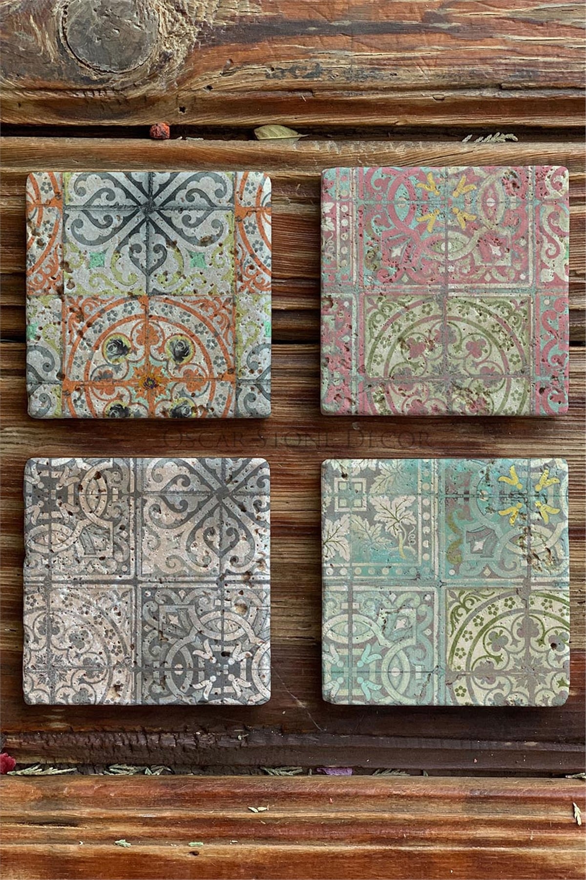 Oscar Stone Decor Baskılı Doğaltaş Bardak Altlığı 4'lü Set Desen Tile