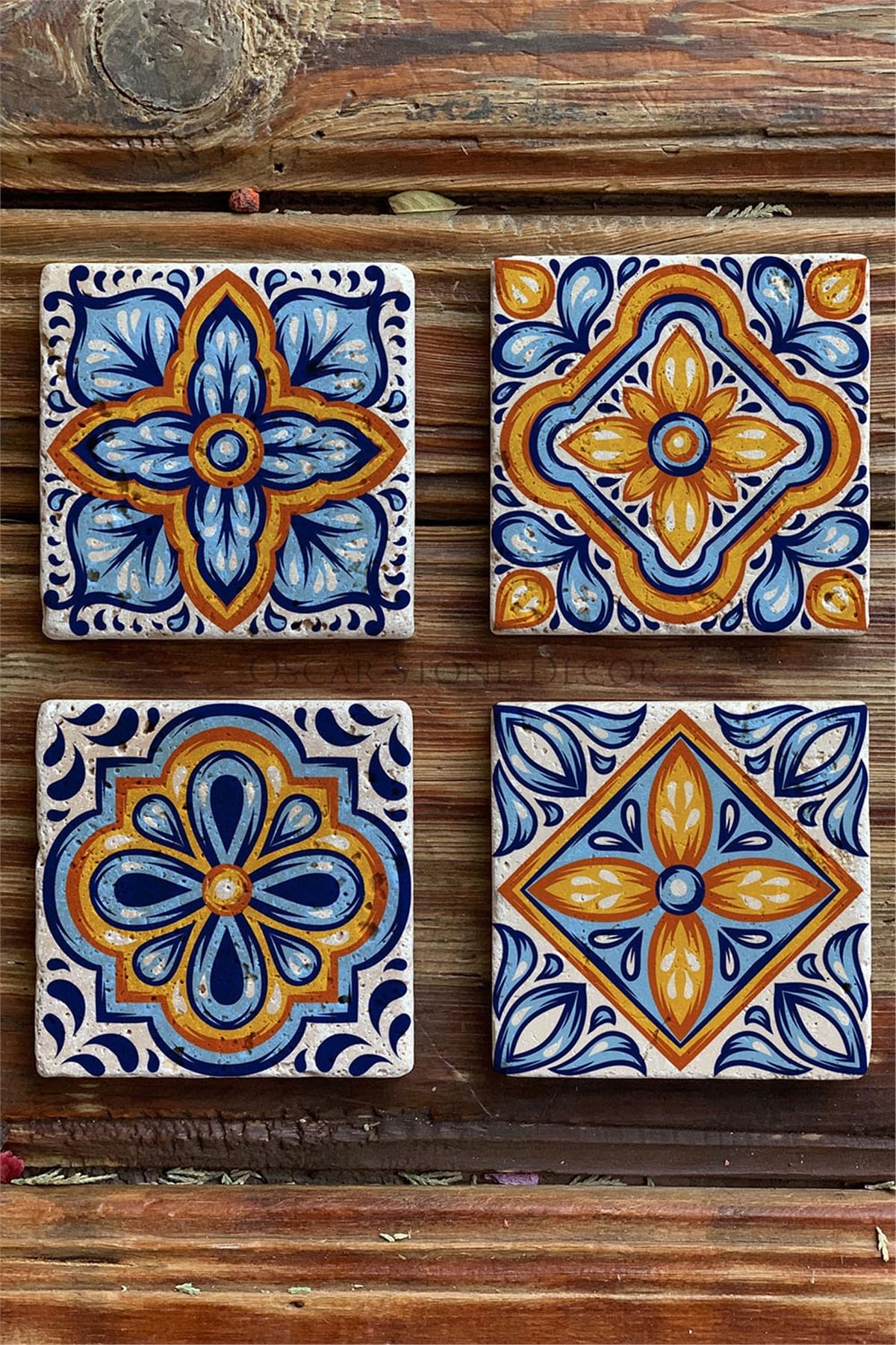 Oscar Stone Decor Baskılı Doğaltaş Bardak Altlığı 4'lü Set Desen Tile