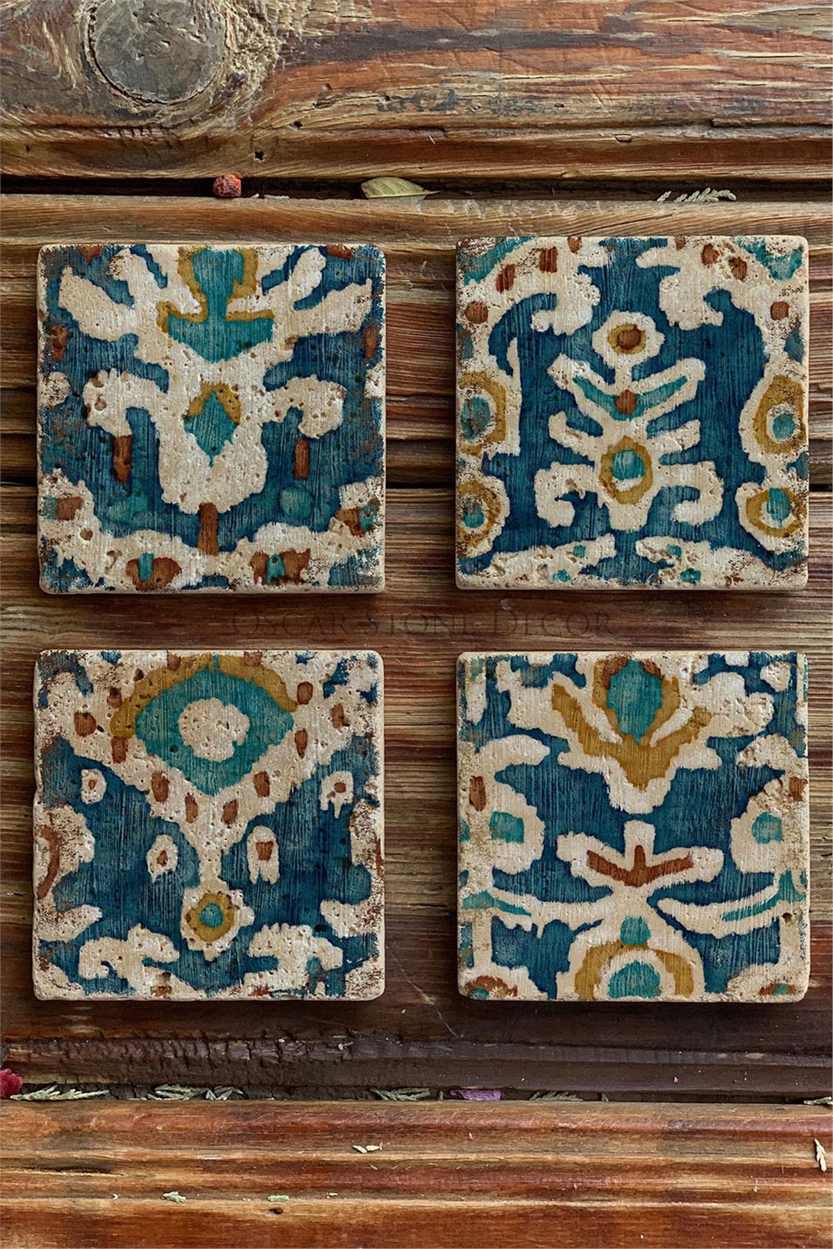 Oscar Stone Decor Baskılı Doğaltaş Bardak Altlığı 4'lü Set  Desen Tile