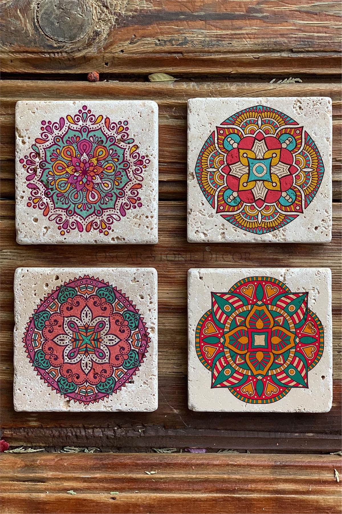 Oscar Stone Decor Baskılı Doğaltaş Bardak Altlığı 4'lü Set Desen Tile