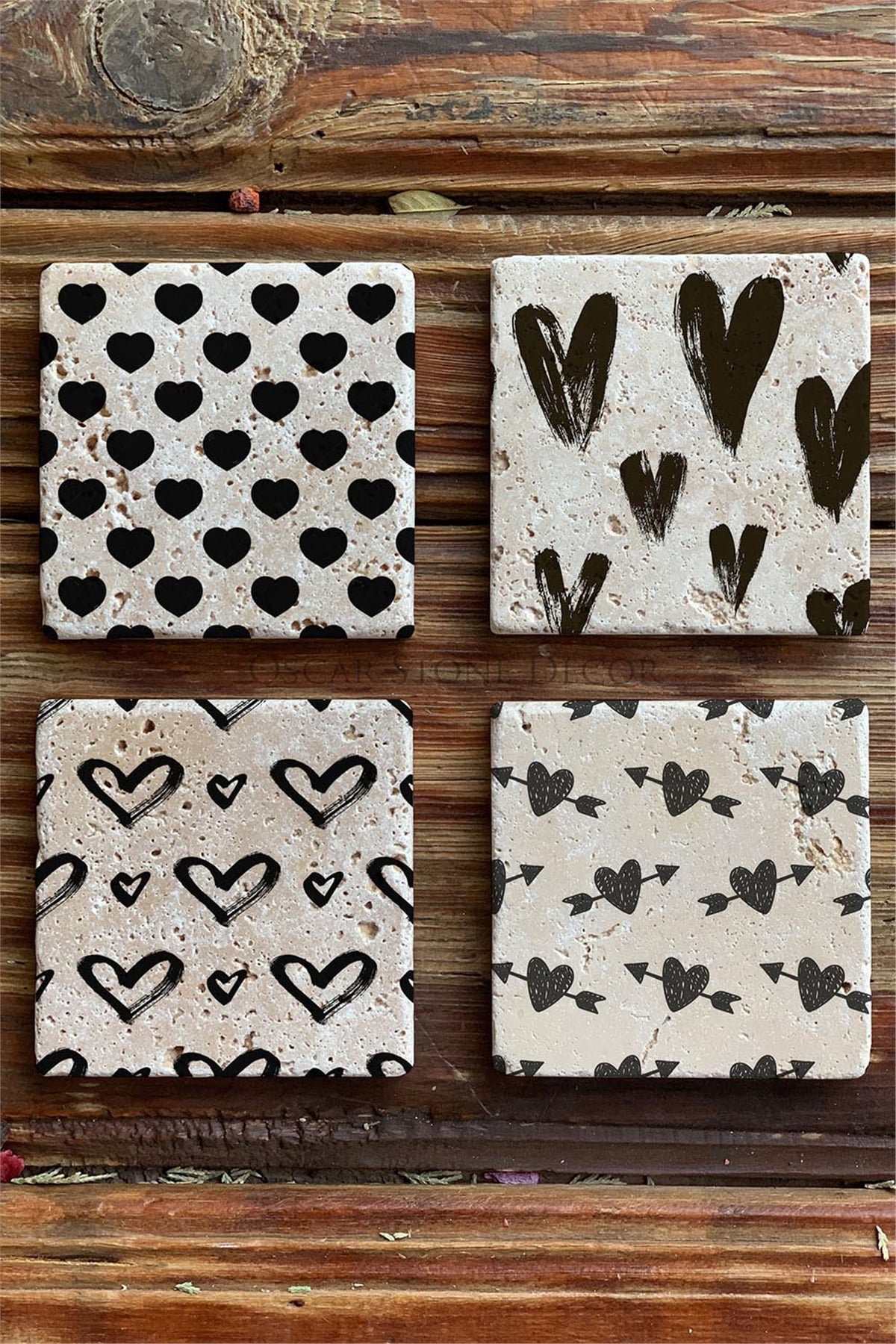 Oscar Stone Decor Baskılı Doğaltaş Bardak Altlığı 4'lü Set Desen Tile