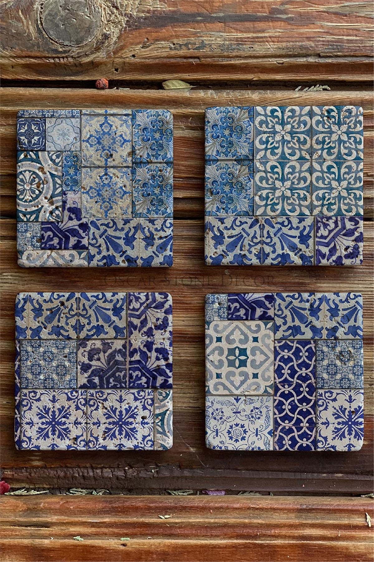 Oscar Stone Decor Baskılı Doğaltaş Bardak Altlığı 4'lü Set Desen Tile