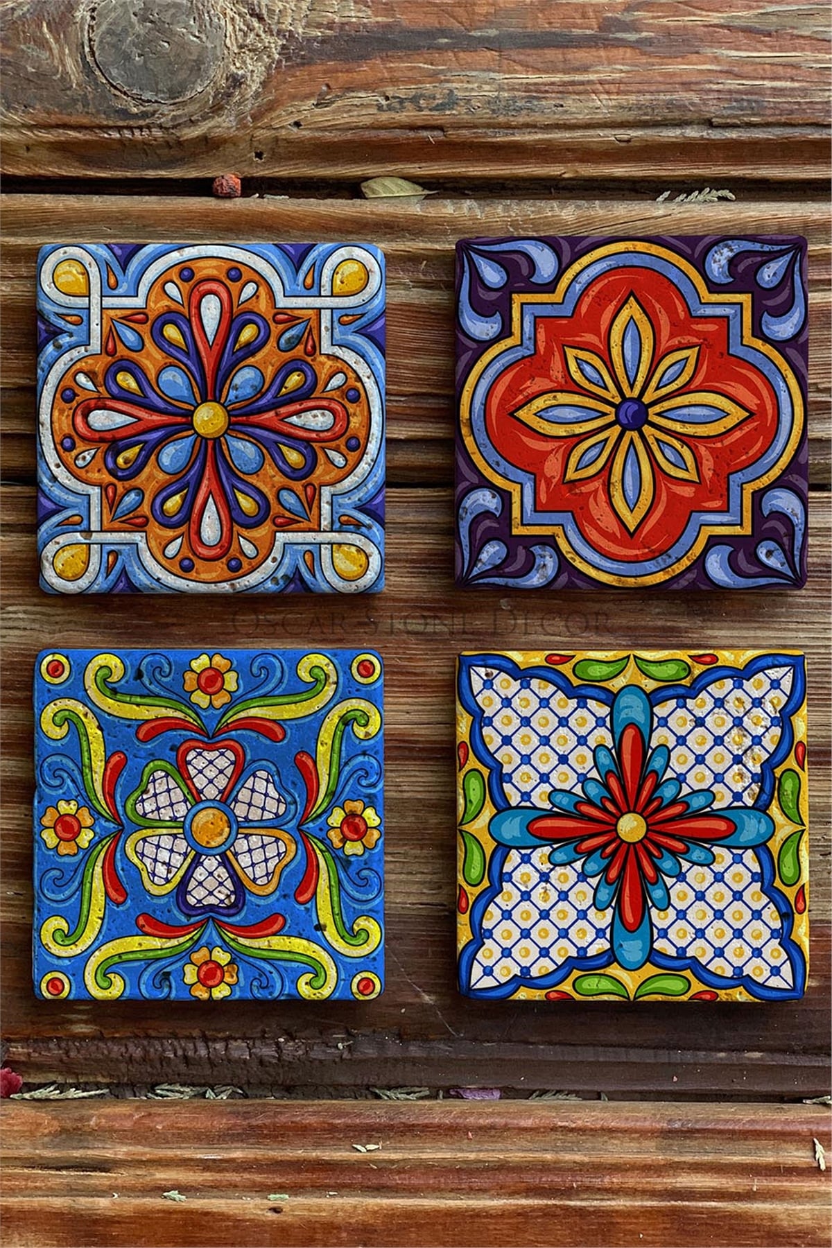Oscar Stone Decor Baskılı Doğaltaş Bardak Altlığı 4'lü Set Desen Tile