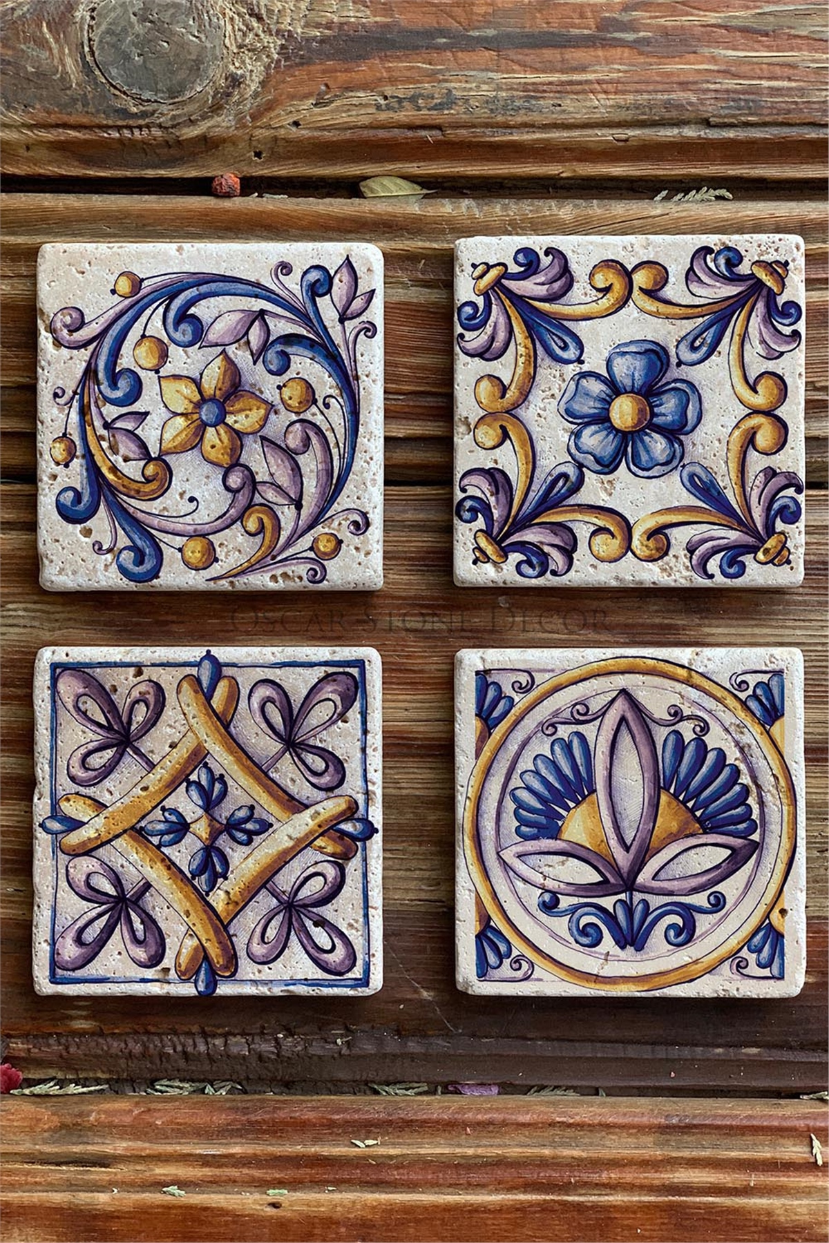Oscar Stone Decor Baskılı Doğaltaş Bardak Altlığı 4'lü Set Desen Tile