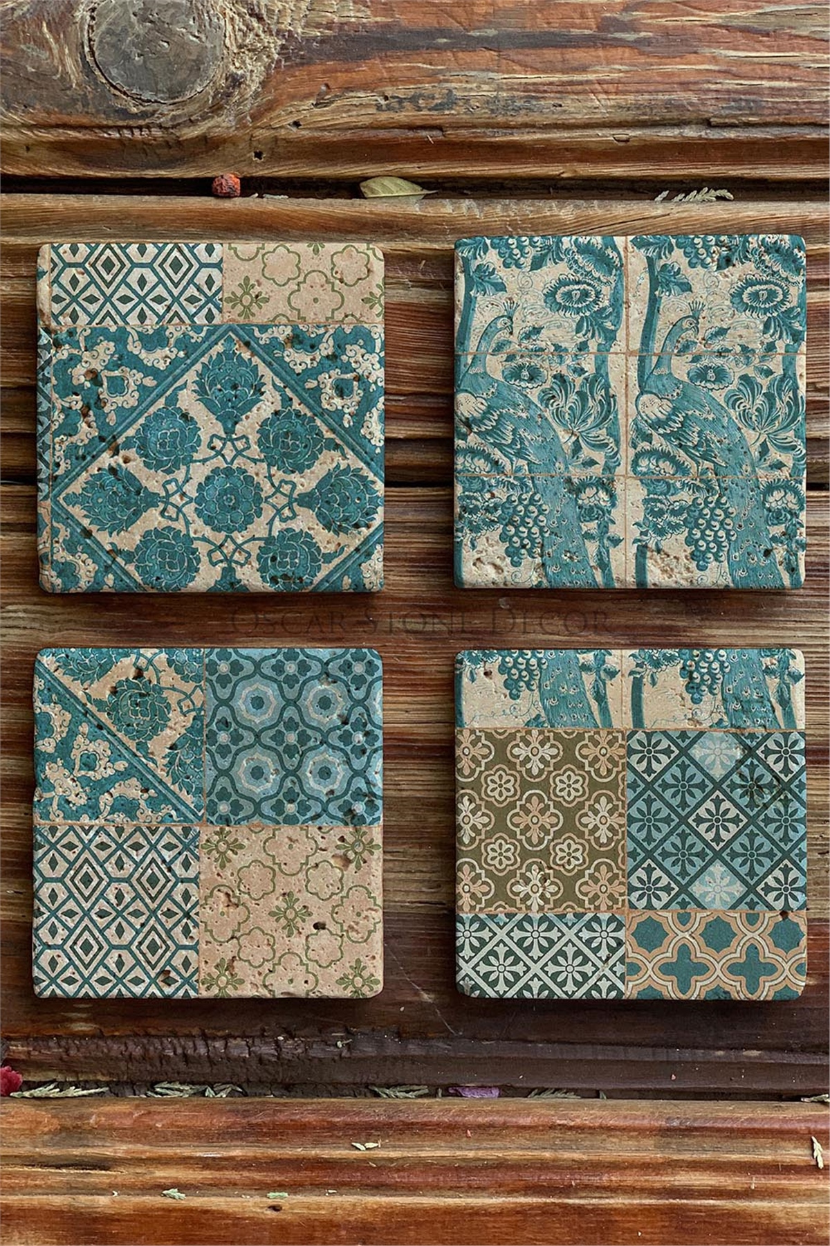 Oscar Stone Decor Baskılı Doğaltaş Bardak Altlığı 4'lü Set Desen Tile