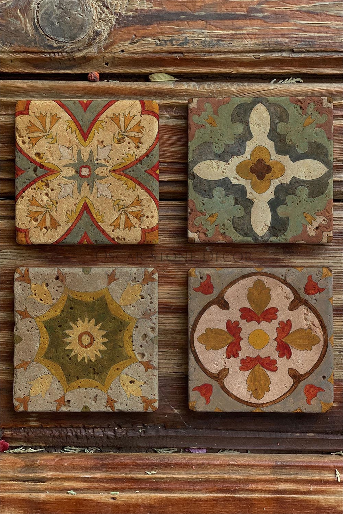 Oscar Stone Decor Baskılı Doğaltaş Bardak Altlığı 4'lü Set Desen Tile