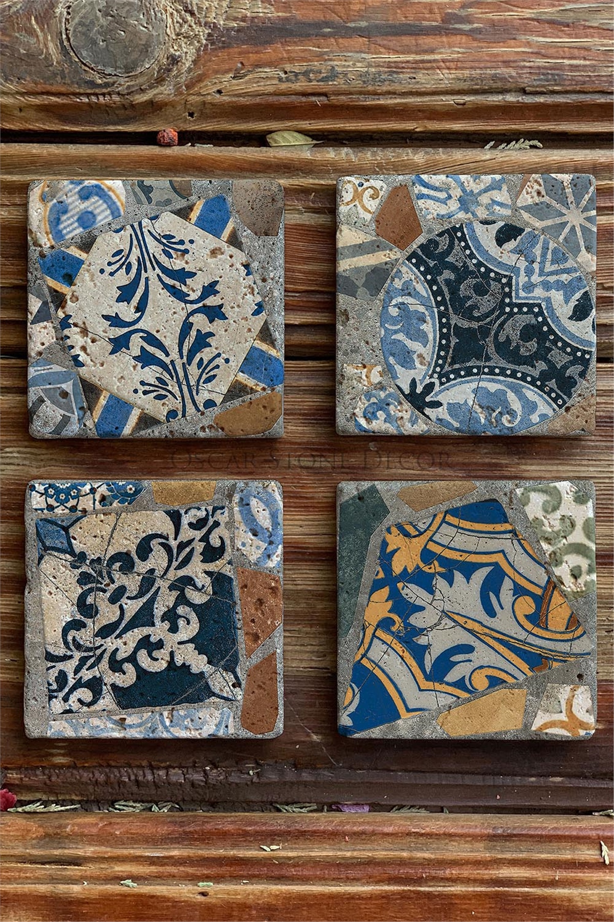 Oscar Stone Decor Baskılı Doğaltaş Bardak Altlığı 4'lü Set Desen Tile