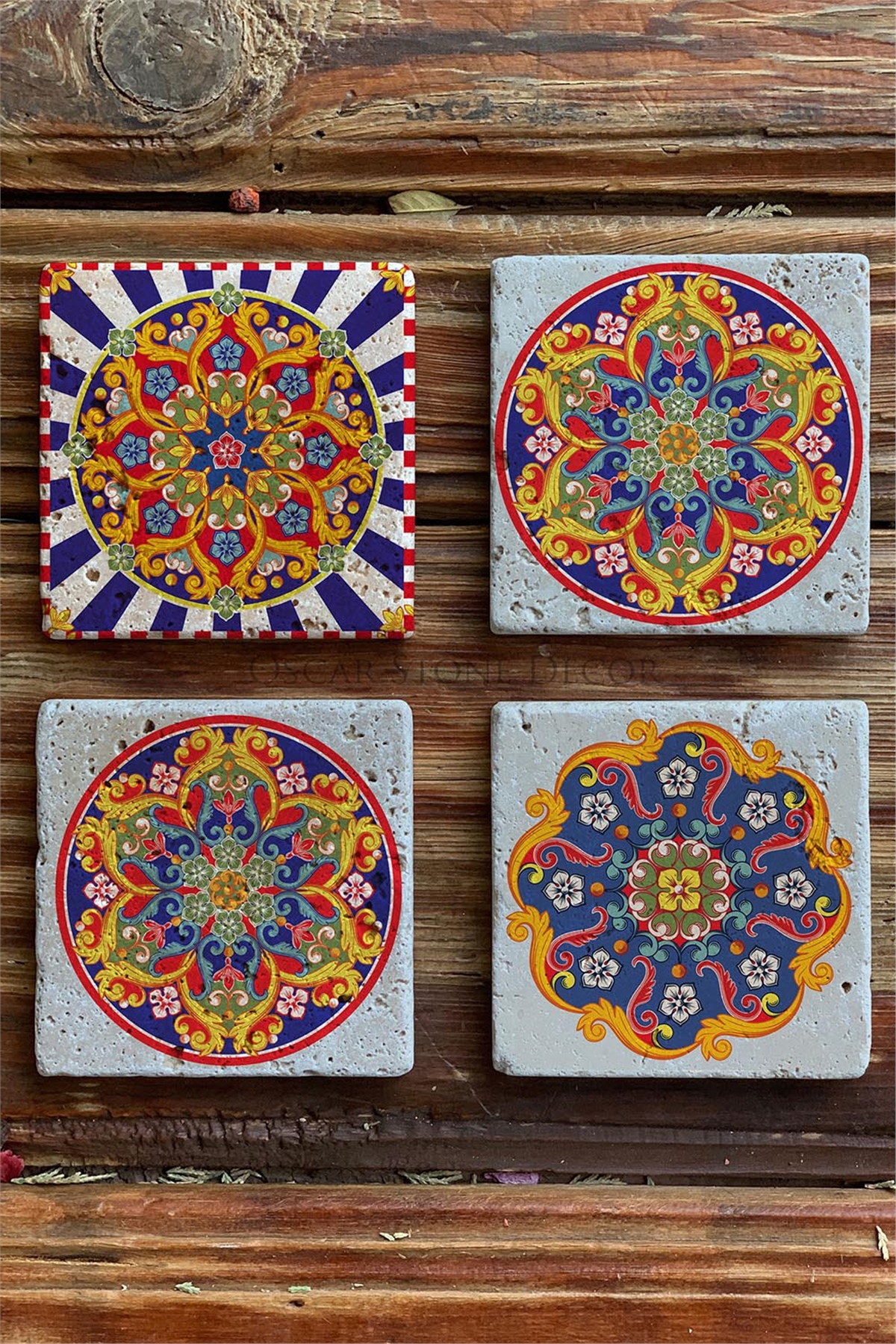 Oscar Stone Decor Baskılı Doğaltaş Bardak Altlığı 4'lü Set Desen Tile