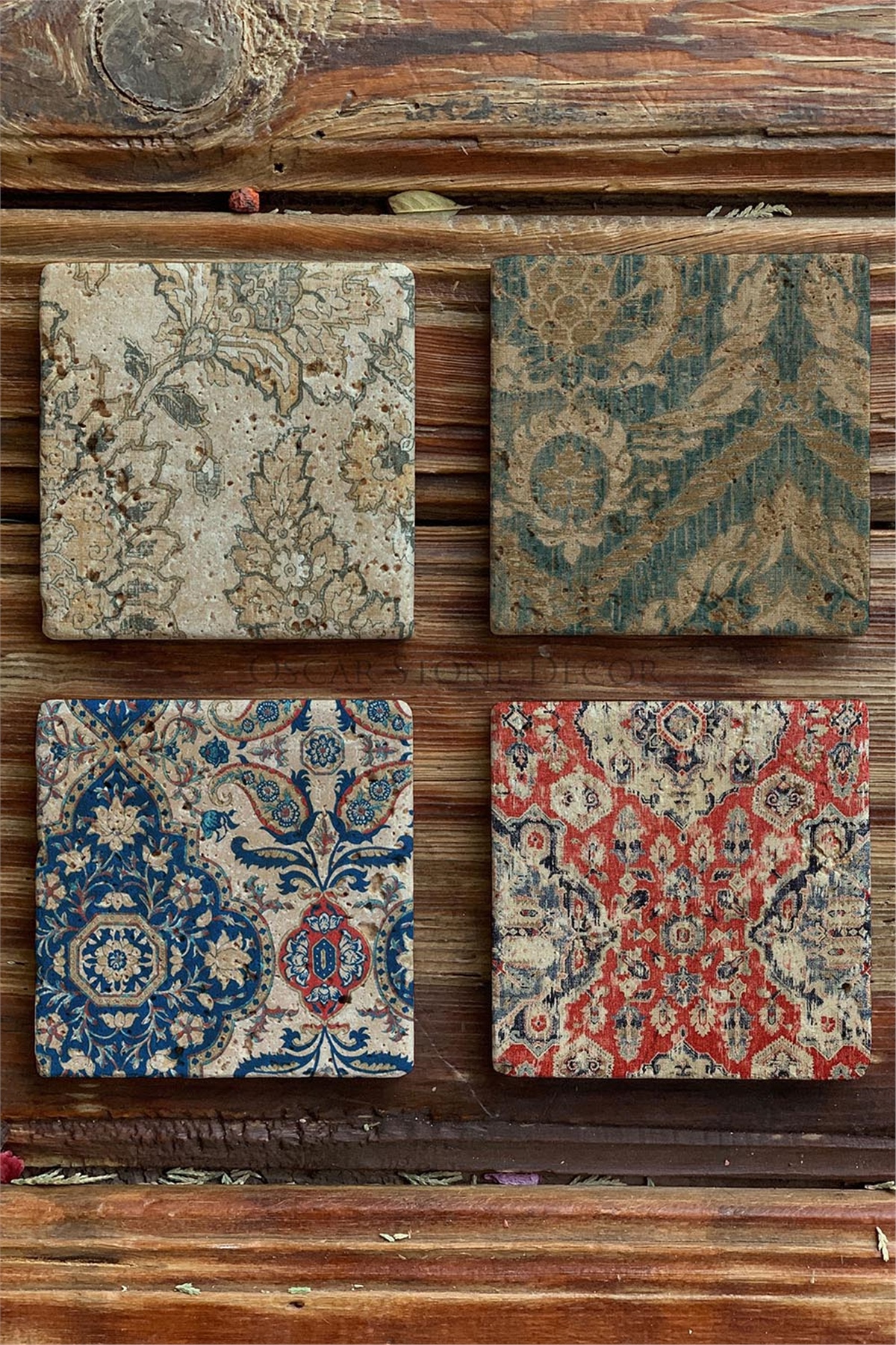 Oscar Stone Decor Baskılı Doğaltaş Bardak Altlığı 4'lü Set Desen Tile
