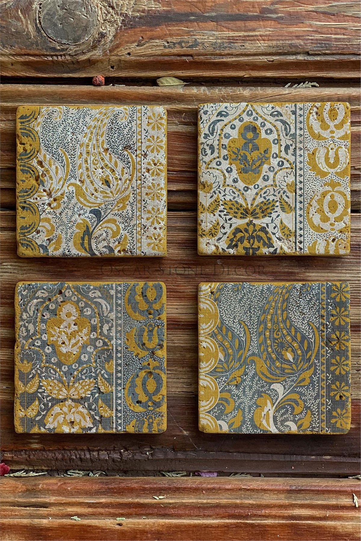 Oscar Stone Decor Baskılı Doğaltaş Bardak Altlığı 4'lü Set Desen Tile