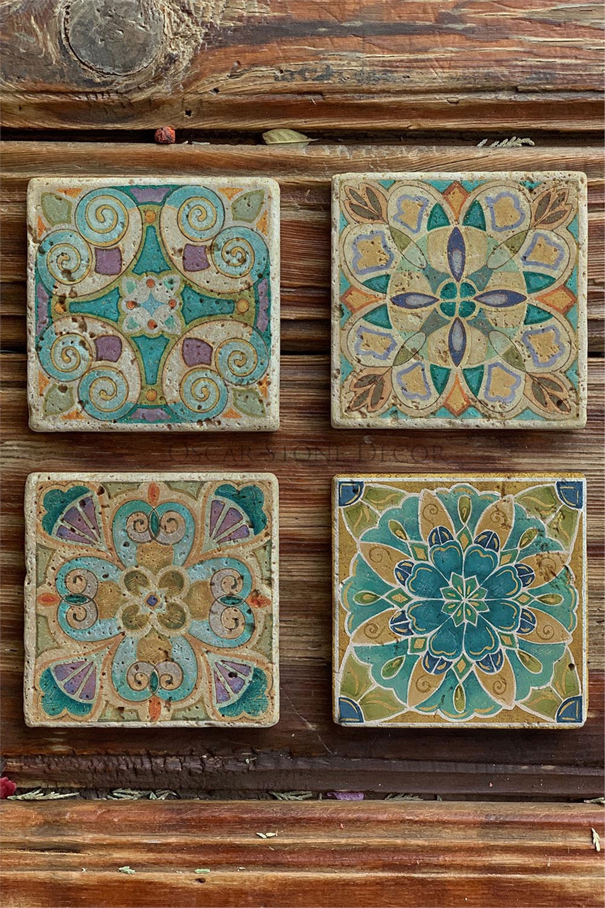 Oscar Stone Decor Baskılı Doğaltaş Bardak Altlığı 4'lü Set Desen Tile