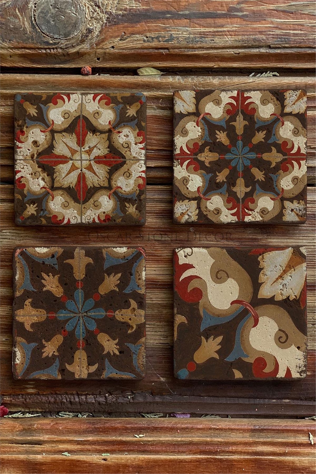 Oscar Stone Decor Baskılı Doğaltaş Bardak Altlığı 4'lü Set Desen Tile