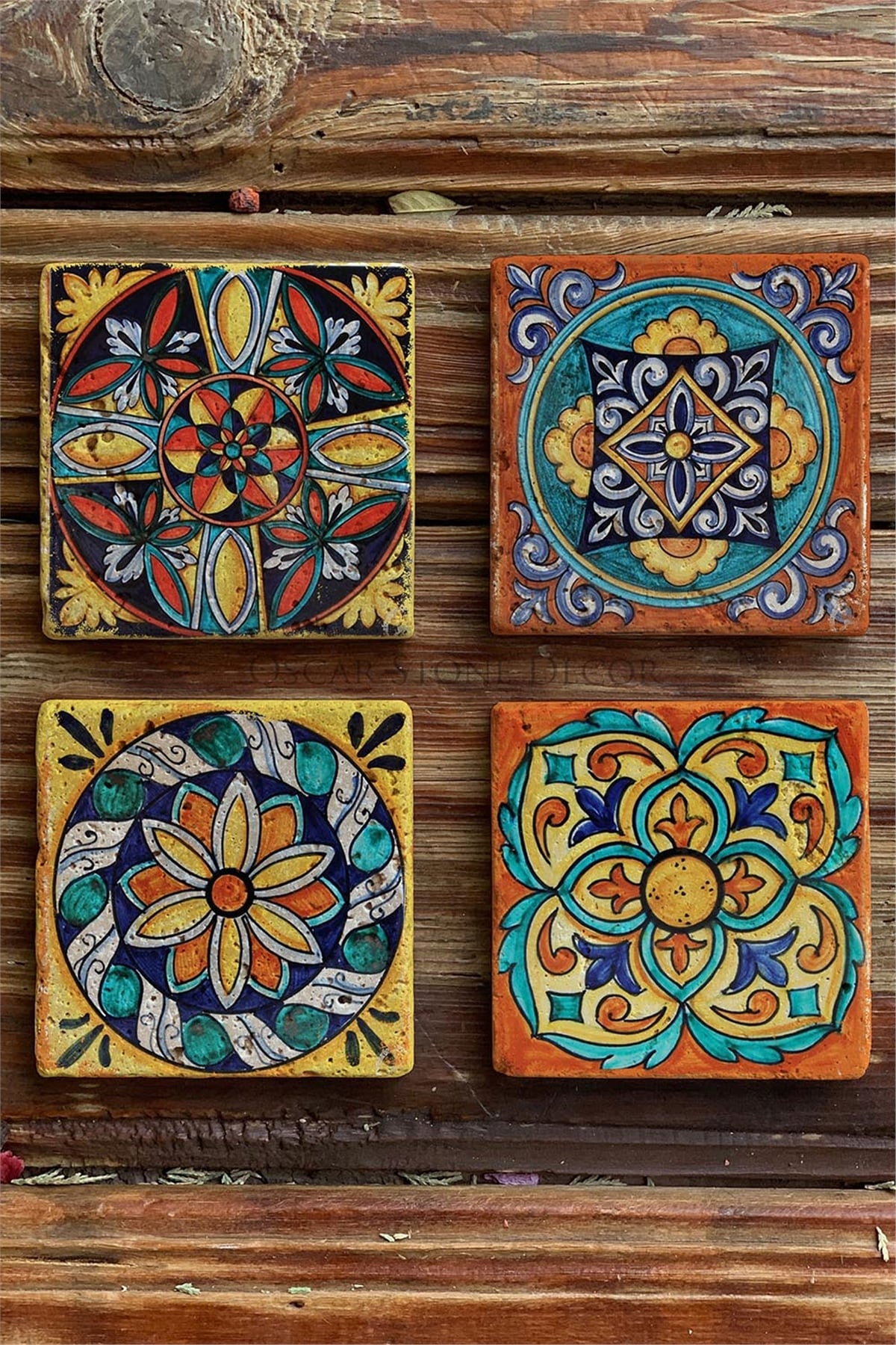 Oscar Stone Decor Baskılı Doğaltaş Bardak Altlığı 4'lü Set Desen Tile