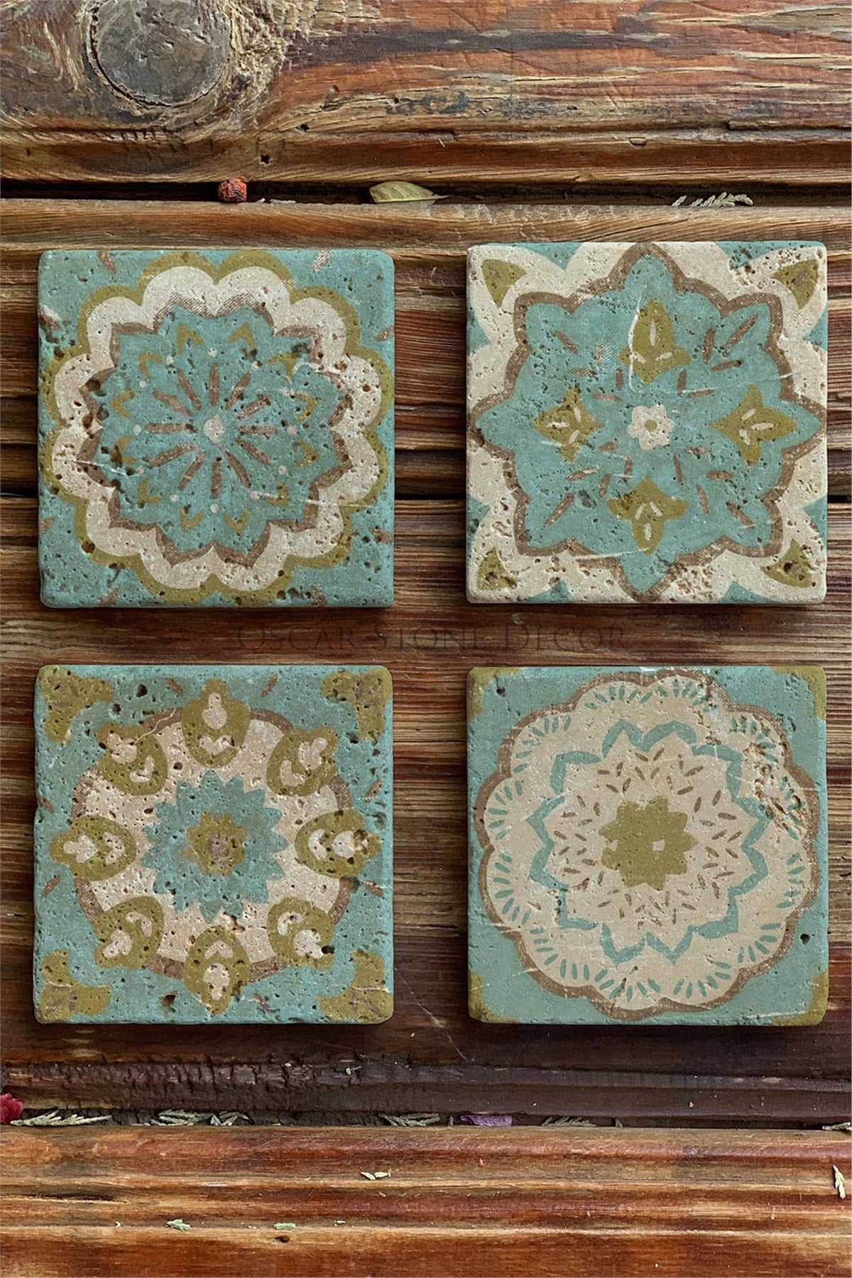 Oscar Stone Decor Baskılı Doğaltaş Bardak Altlığı 4'lü Set Desen Tile