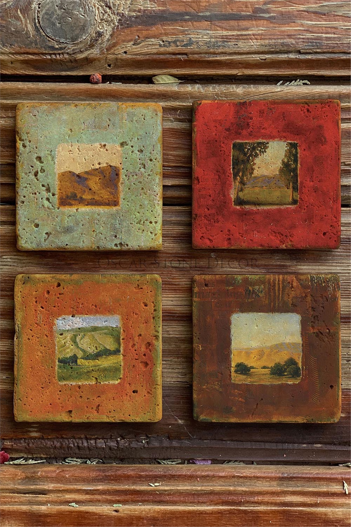 Oscar Stone Decor Baskılı Doğaltaş Bardak Altlığı 4'lü Set Desen Tile