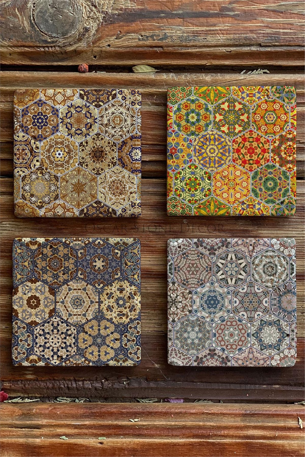 Oscar Stone Decor Baskılı Doğaltaş Bardak Altlığı 4'lü Set Desen Tile