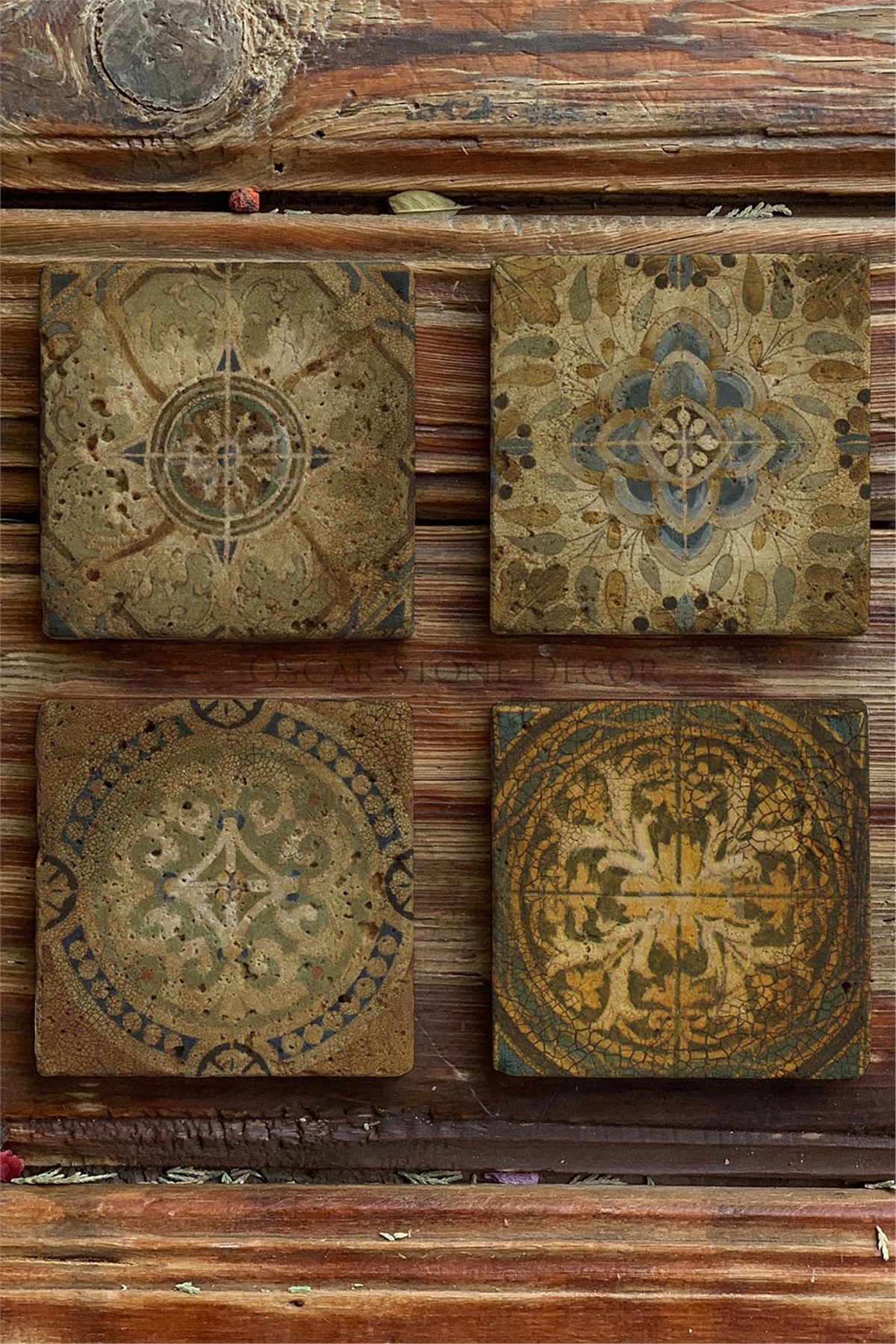 Oscar Stone Decor Baskılı Doğaltaş Bardak Altlığı 4'lü Set Desen Tile
