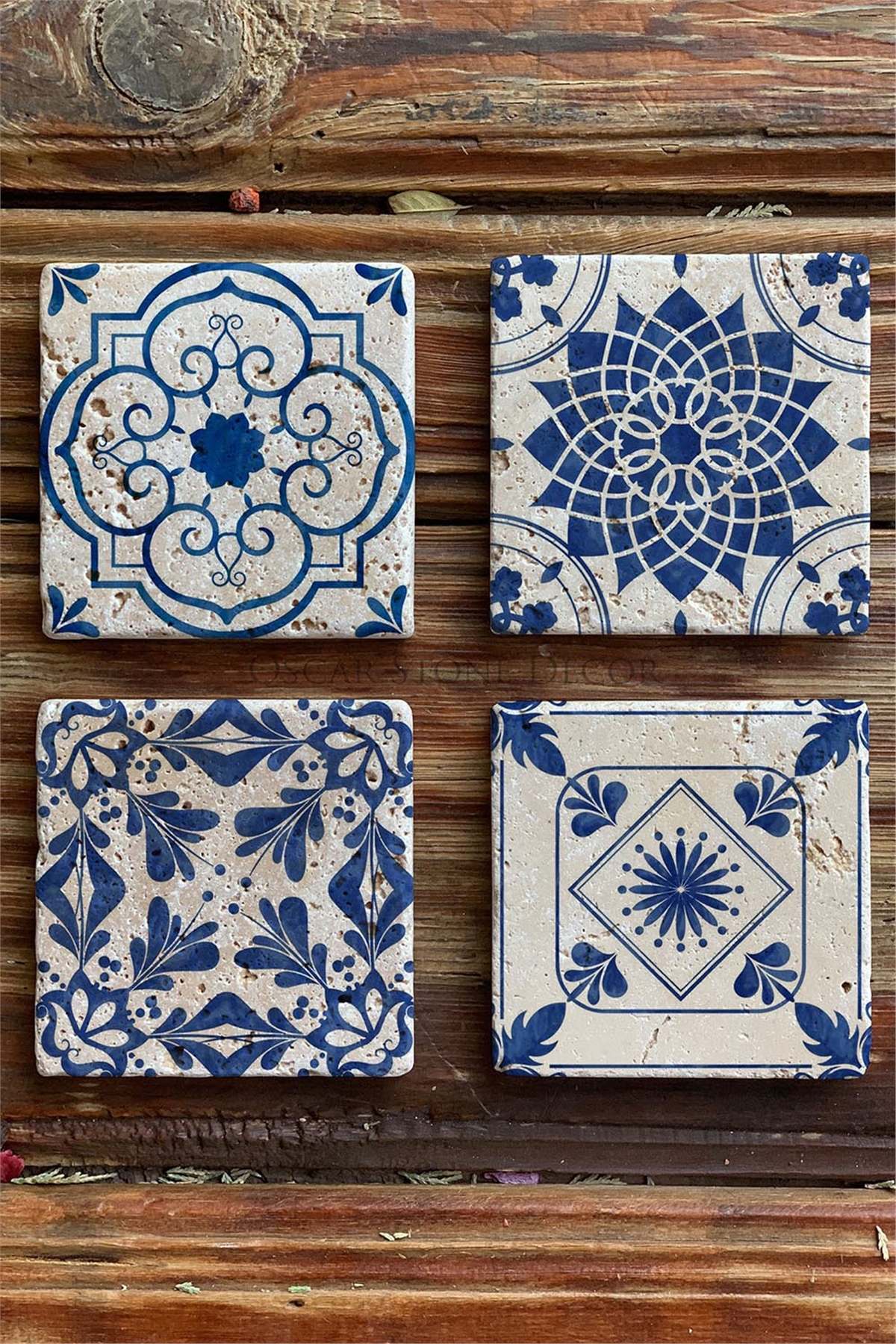 Oscar Stone Decor Baskılı Doğaltaş Bardak Altlığı 4'lü Set Desen Tile