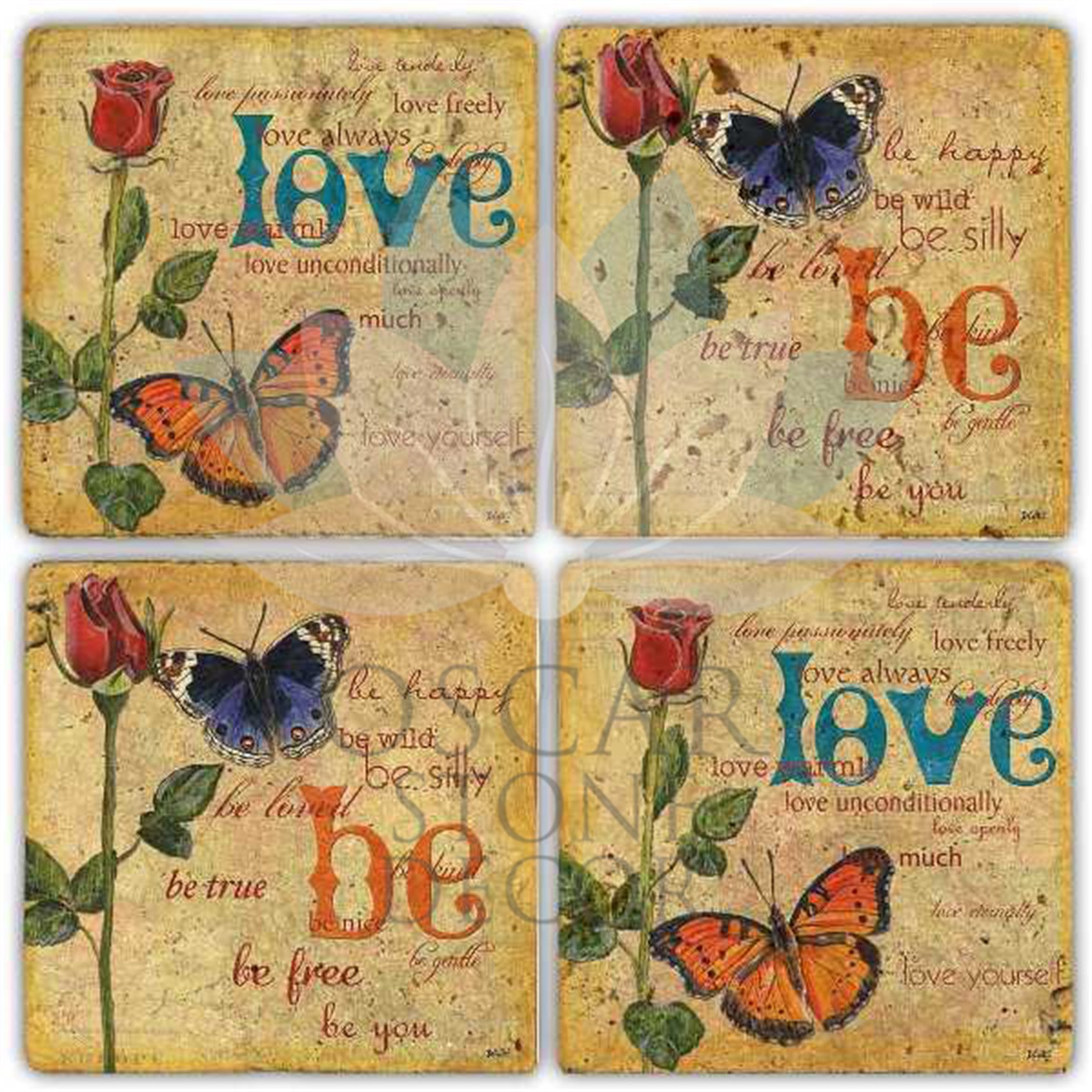 OSCAR STONE DECOR BE LOVE  4'lü DOĞALTAŞ BARDAK ALTLIĞI / BA255 (COASTER)