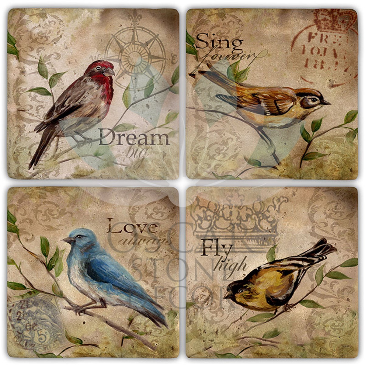 OSCAR STONE DECOR BIRD OF DREAM 4'lü DOĞALTAŞ BARDAK ALTLIĞI / BA393 (COASTER)