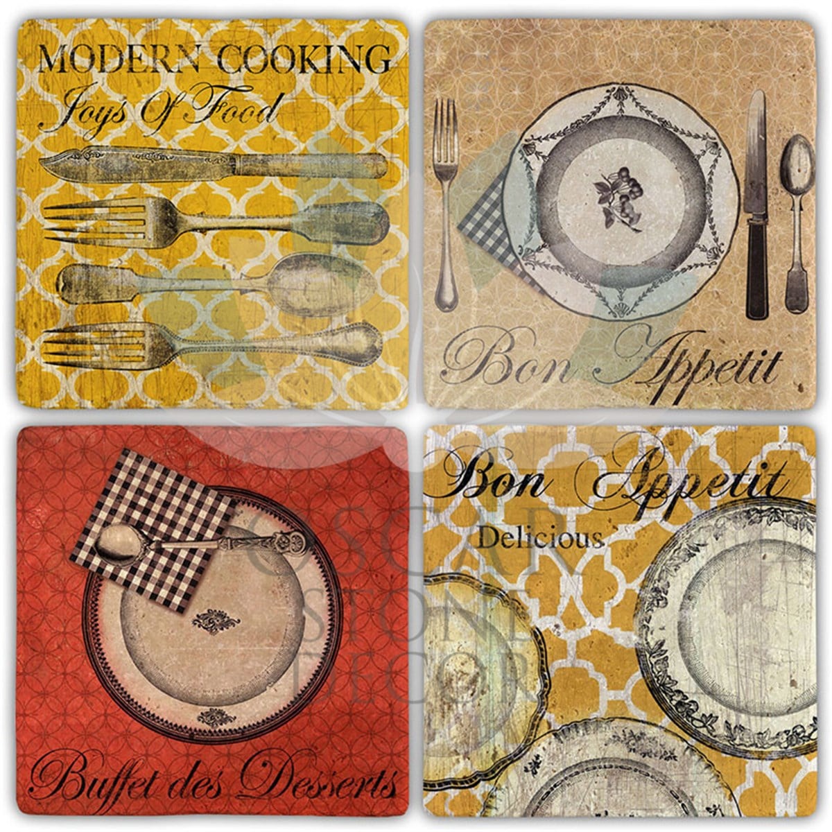 OSCAR STONE DECOR BON APPETIT 4'lü DOĞALTAŞ BARDAK ALTLIĞI / BA479 (COASTER)