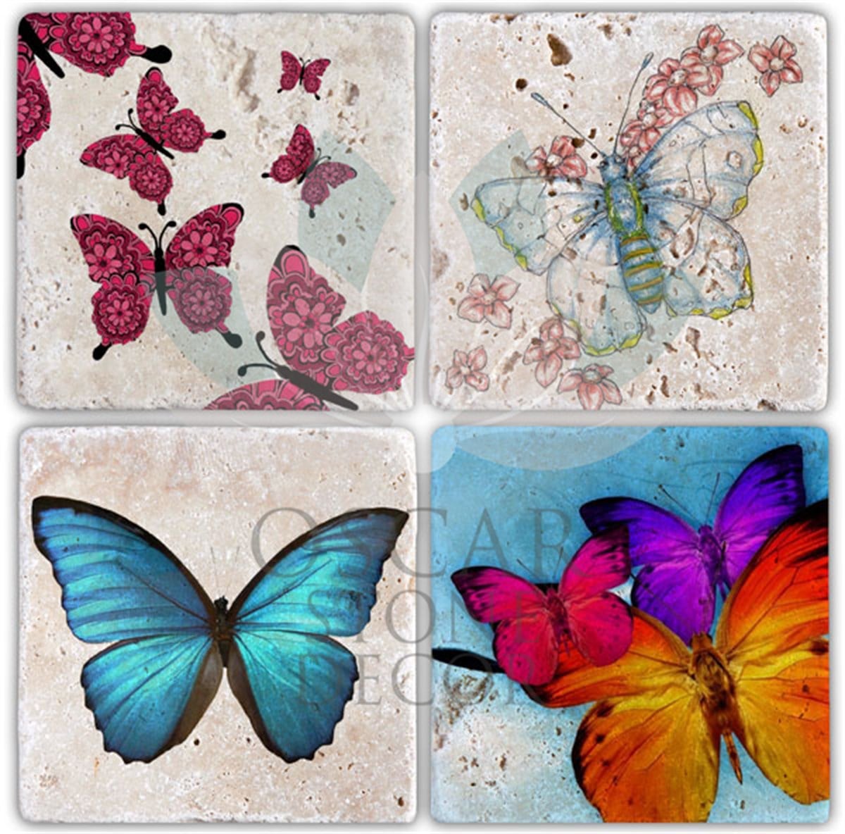 OSCAR STONE DECOR BUTTERFLY 4'lü DOĞALTAŞ BARDAK ALTLIĞI / BA017 (COASTER)