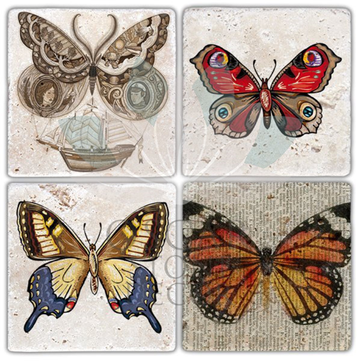 OSCAR STONE DECOR BUTTERLY ART 4'lü DOĞALTAŞ BARDAK ALTLIĞI / BA340 (COASTER)