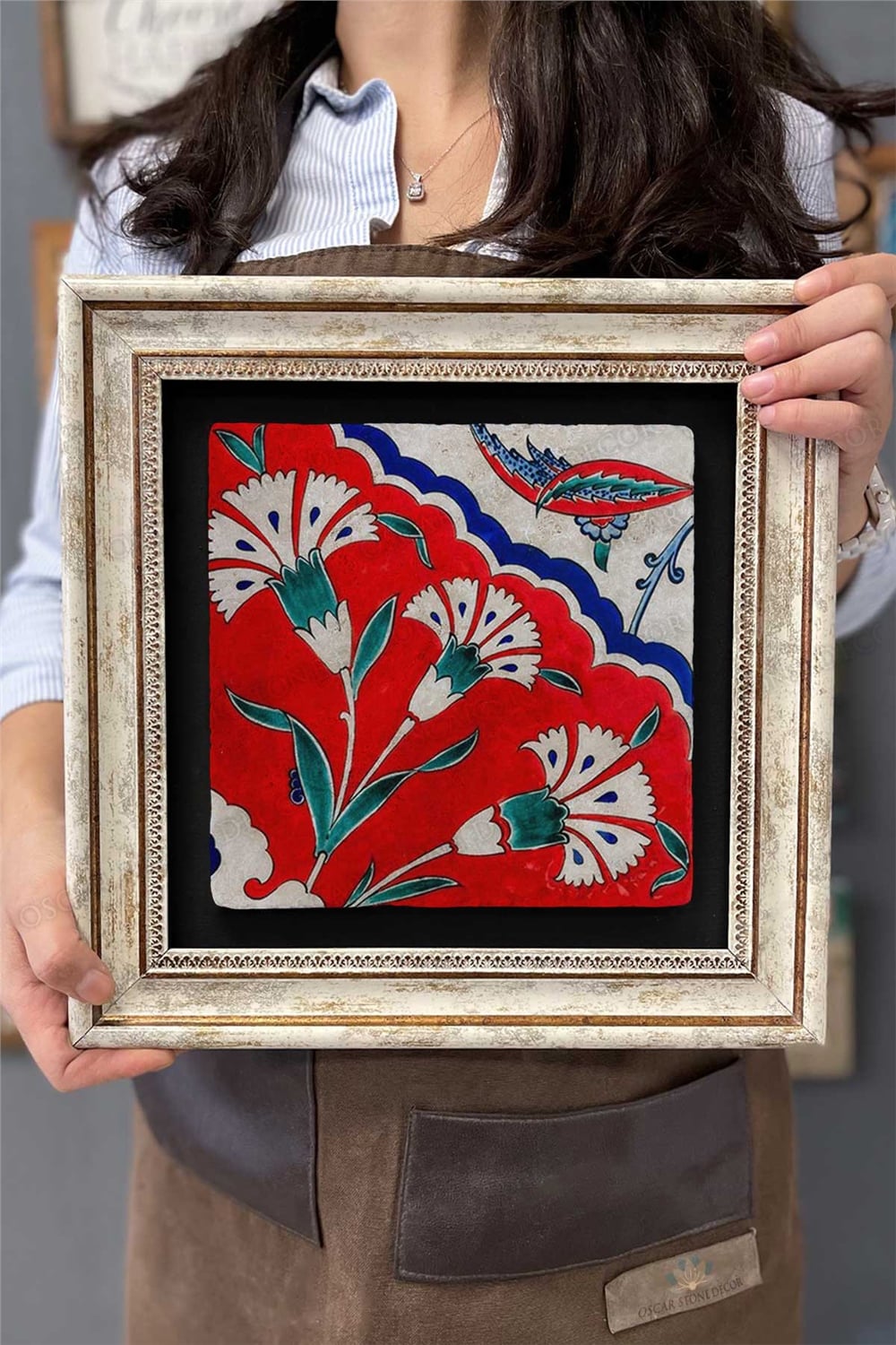Oscar Stone Decor Çerçeveli Tablo Taş Duvar Dekoru 30 X 30 Cm Seramik Çini Desenli
