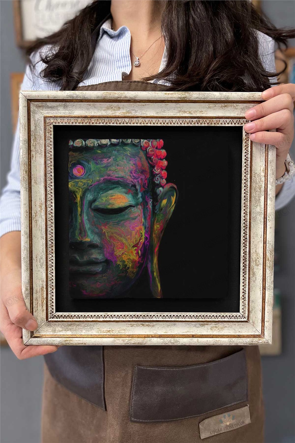 Oscar Stone Decor Çerçeveli Tablo Taş Duvar Dekoru 30 X 30 Cm Buda Çizim Tablo