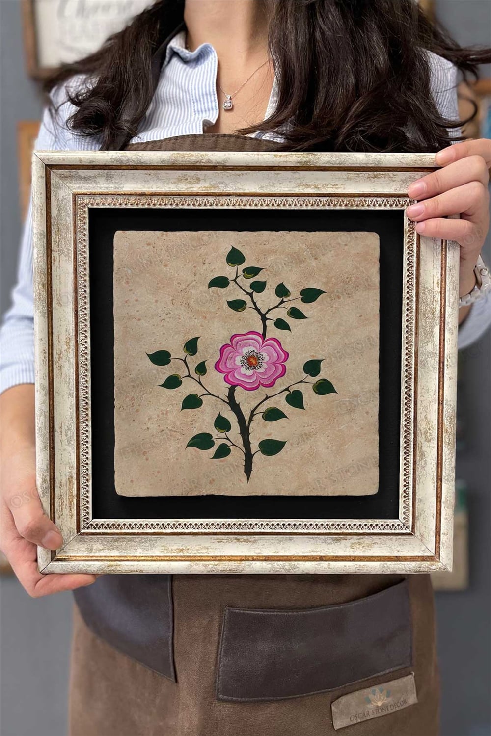 Oscar Stone Decor Çerçeveli Tablo Taş Duvar Dekoru 30 X 30 Cm Ebruli Çiçek Tablosu