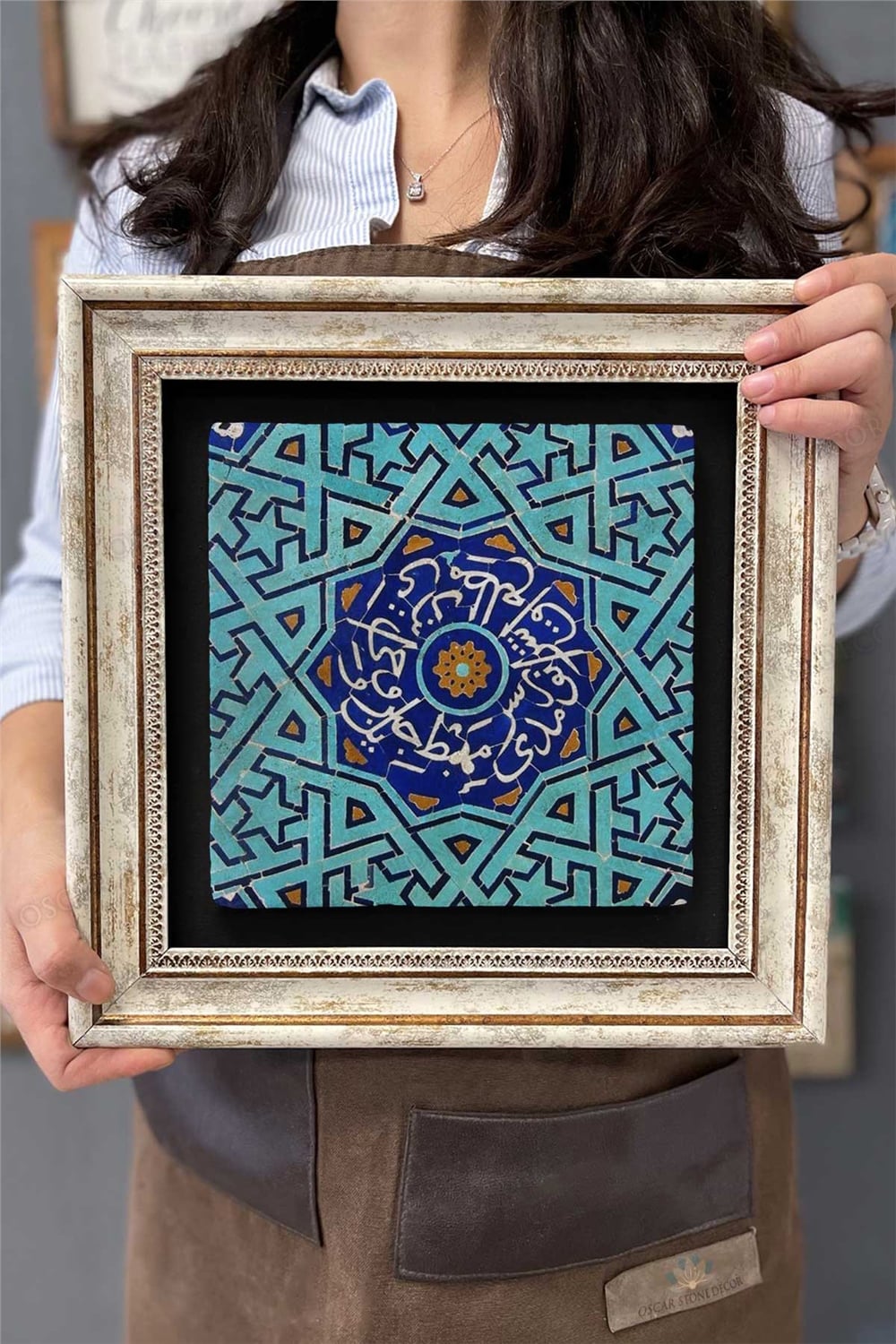 Oscar Stone Decor Çerçeveli Tablo Taş Duvar Dekoru 30 X 30 Cm Eskitme Çini Desenli Tablo