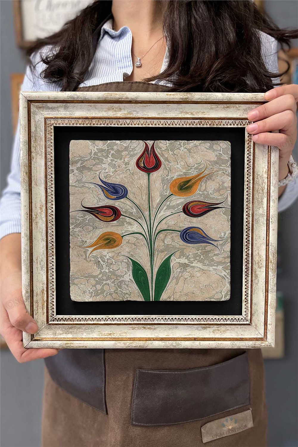 Oscar Stone Decor Çerçeveli Tablo Taş Duvar Dekoru 30 X 30 Cm Ebruli Renkli Çiçekler Mermer Tablo