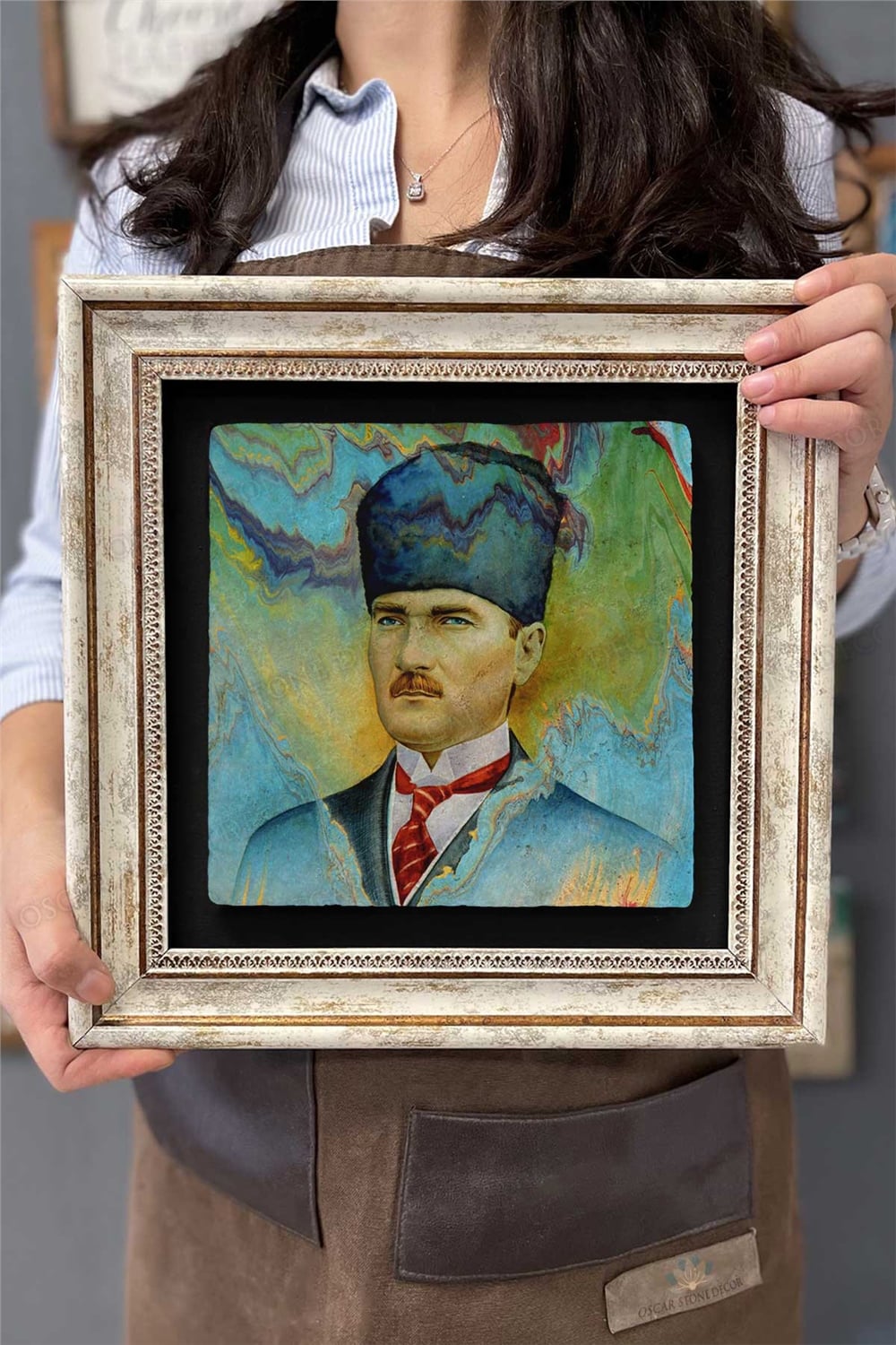Oscar Stone Decor Çerçeveli Tablo Taş Duvar Dekoru 30 X 30 Cm Atatürk Suluboya Çizim