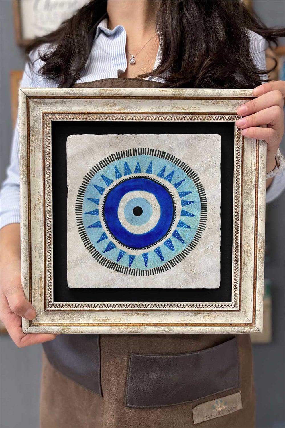 Oscar Stone Decor Çerçeveli Tablo Taş Duvar Dekoru 30 X 30 Cm Nazar Boncukları Tablosu