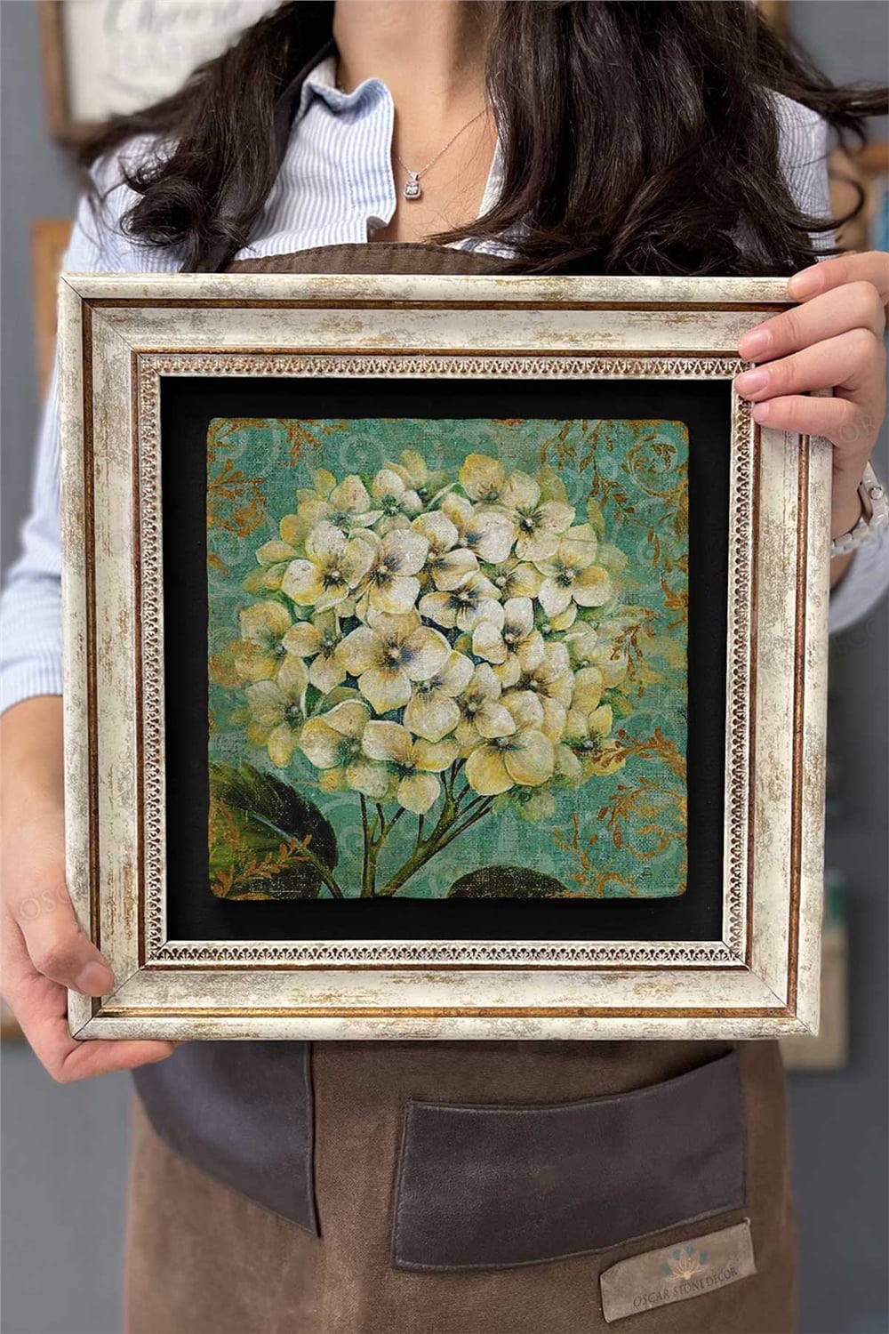 Oscar Stone Decor Çerçeveli Tablo Taş Duvar Dekoru 30 X 30 Cm Ortanca Çiçeği Tablosu