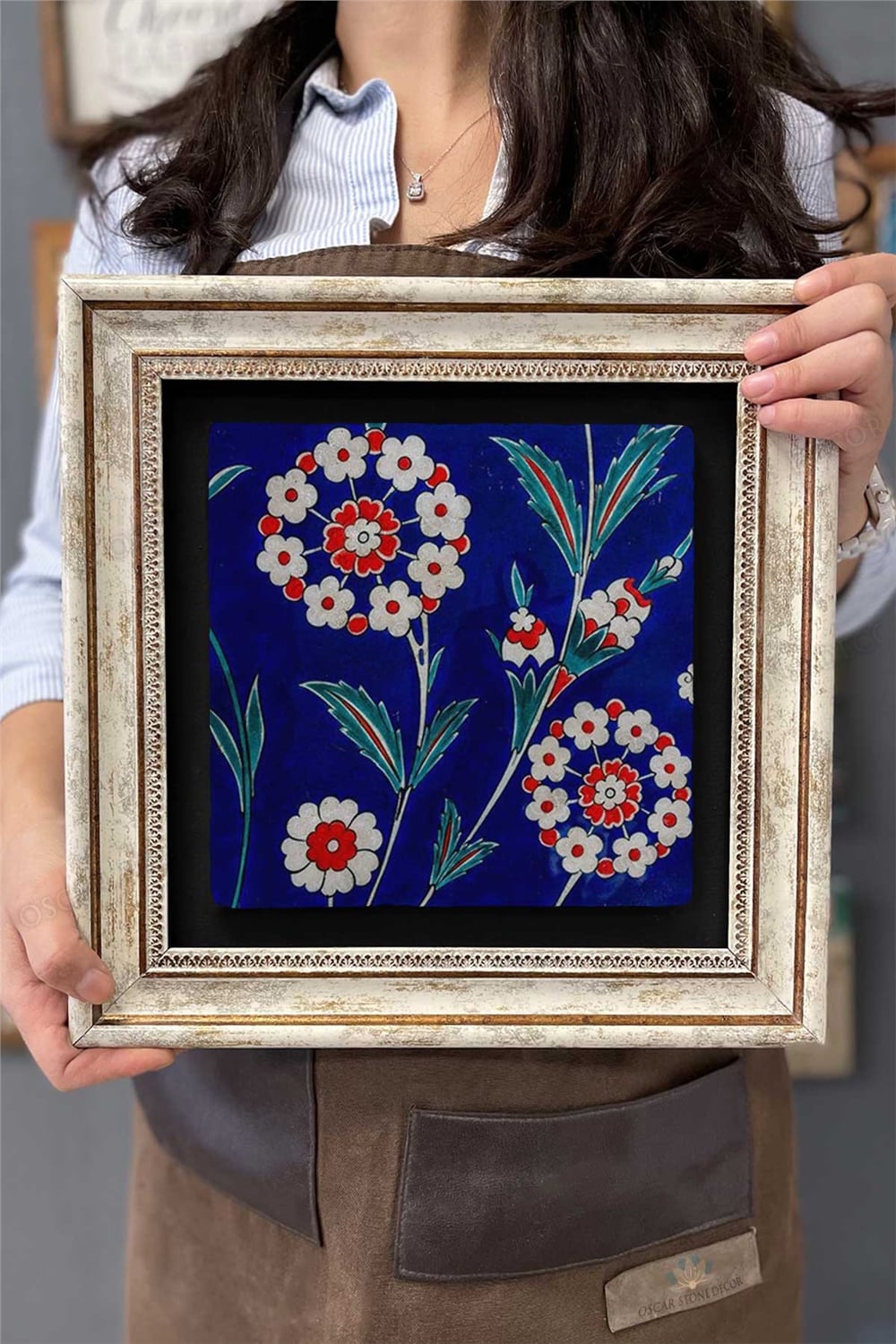 Oscar Stone Decor Çerçeveli Tablo Taş Duvar Dekoru 30 X 30 Cm Seramik Çini Desenli