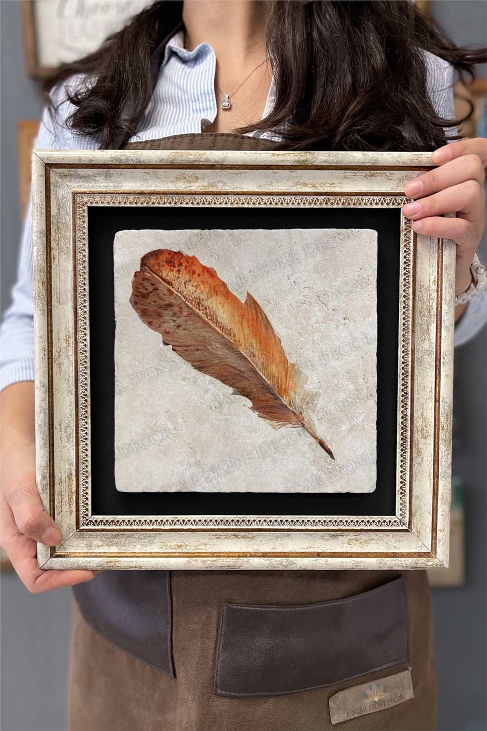 Oscar Stone Decor Çerçeveli Tablo Taş Duvar Dekoru 30 X 30 Cm Kuş Tüyü Tablosu