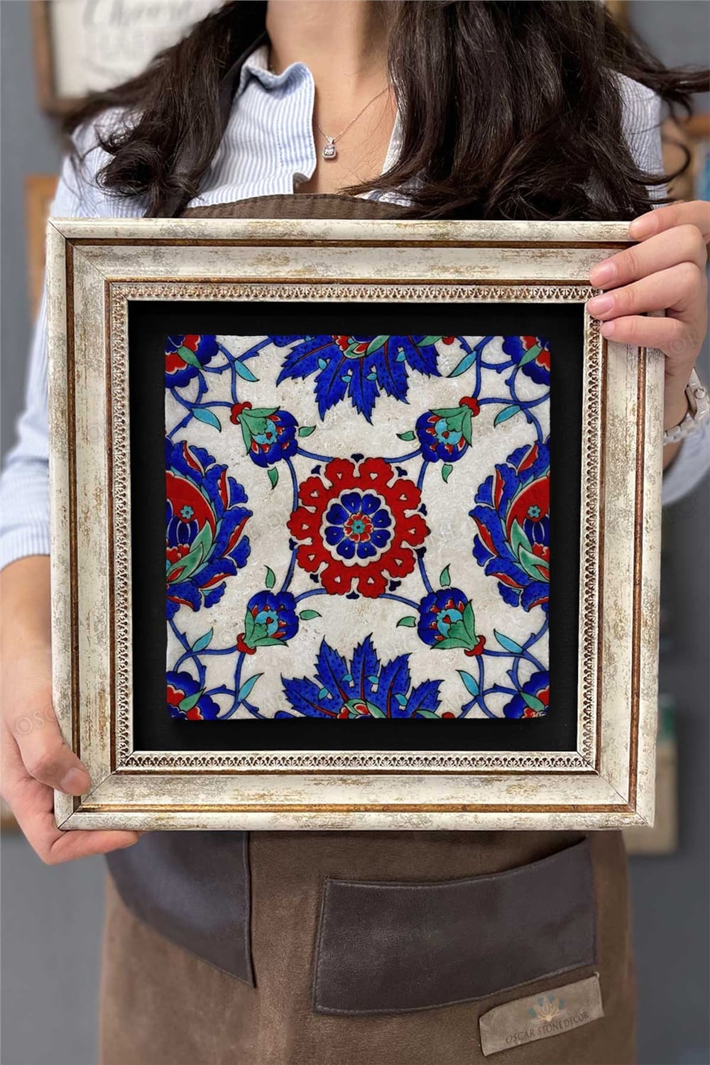 Oscar Stone Decor Çerçeveli Tablo Taş Duvar Dekoru 30 X 30 Cm Çini Seramik Desenli Mermer Tablo