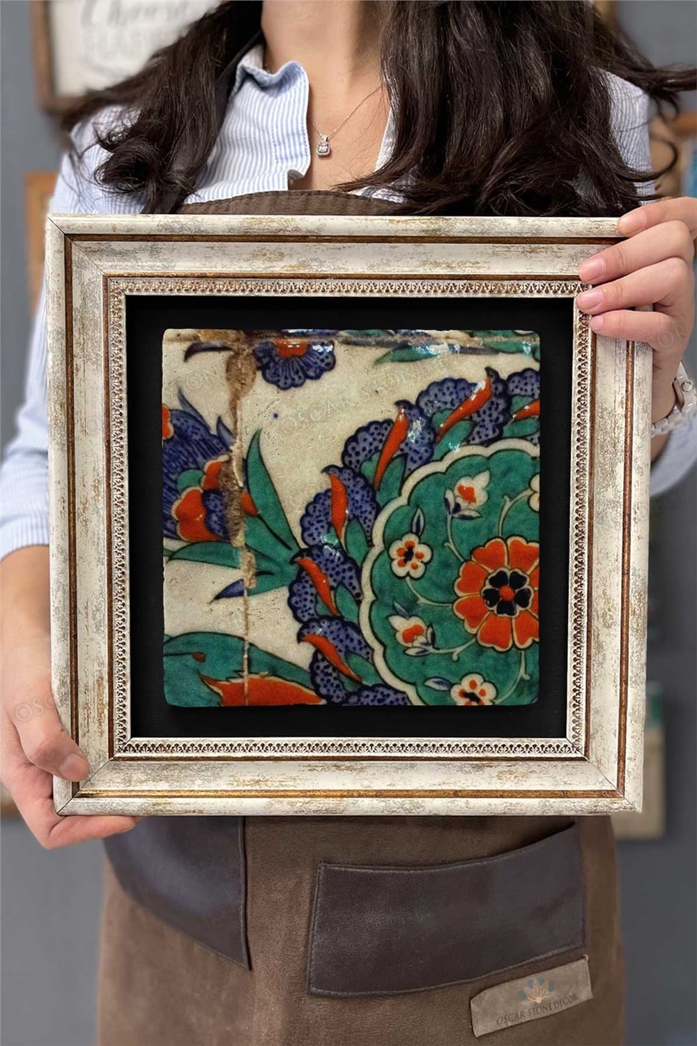Oscar Stone Decor Çerçeveli Tablo Taş Duvar Dekoru 30 X 30 Cm Seramik Çini Tasarımlı Porselen Desen