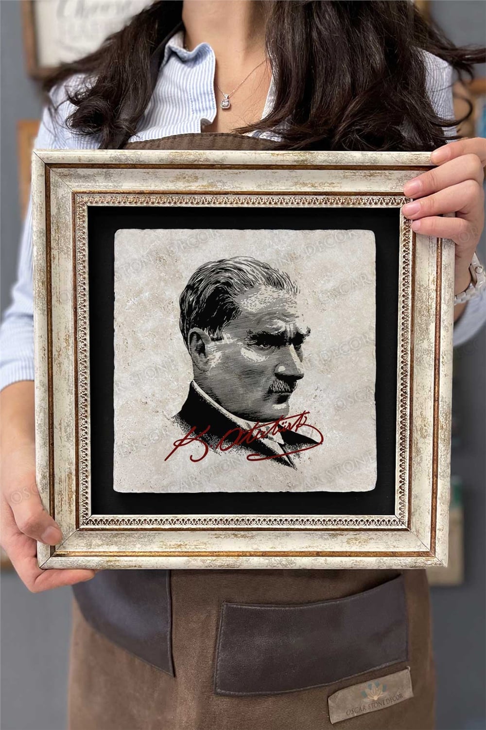 Oscar Stone Decor Çerçeveli Tablo Taş Duvar Dekoru 30 X 30 Cm Özel Çizim Atatürk