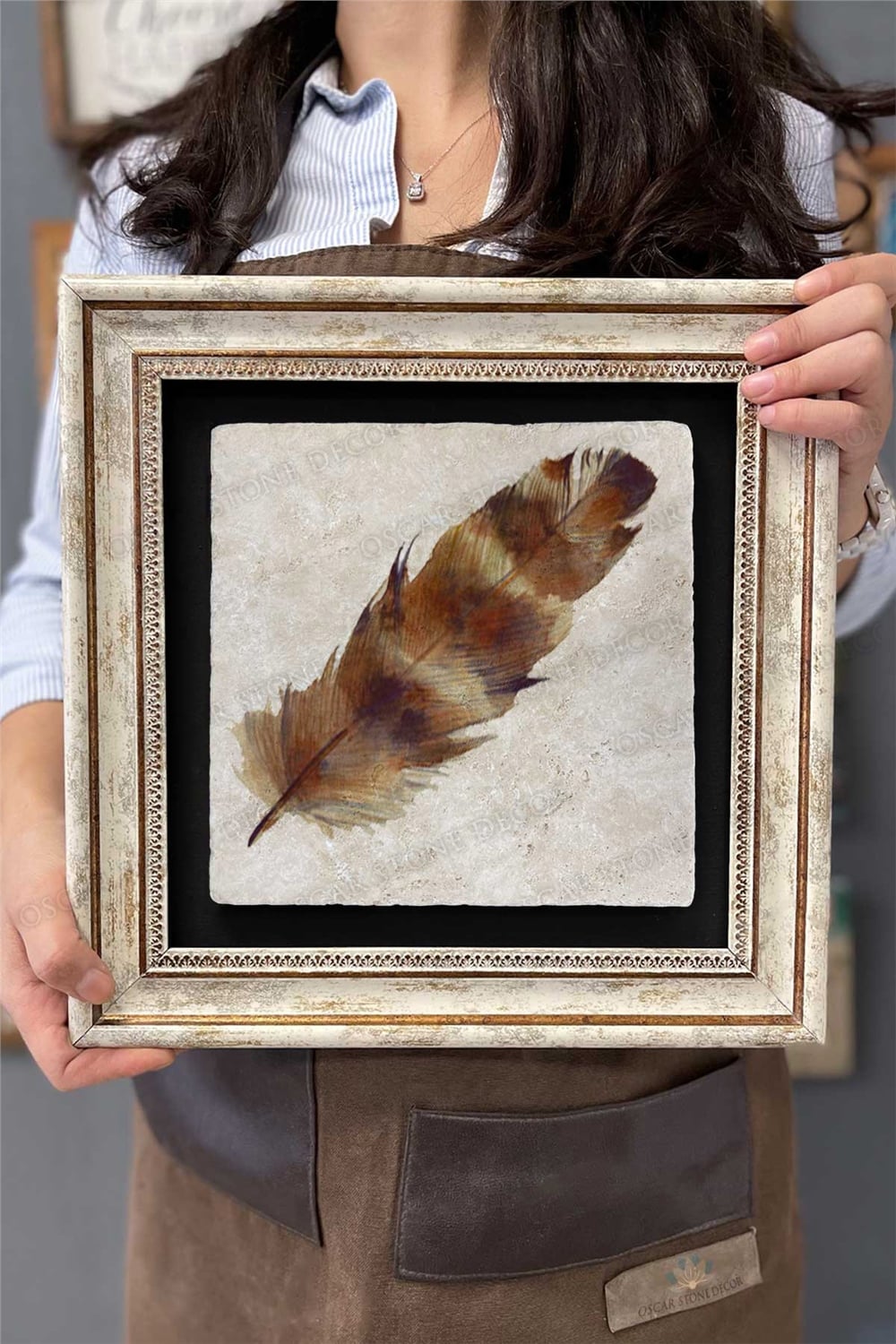 Oscar Stone Decor Çerçeveli Tablo Taş Duvar Dekoru 30 X 30 Cm Kuş Tüyü Tablosu