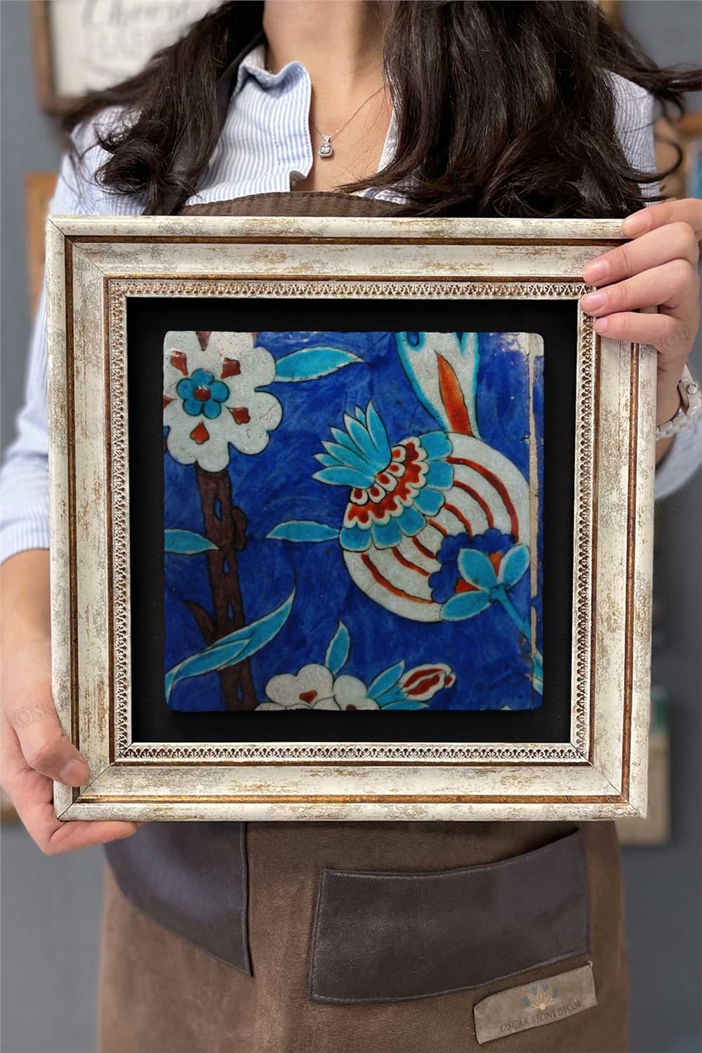 Oscar Stone Decor Çerçeveli Tablo Taş Duvar Dekoru 30 X 30 Cm Çini Seramik Desenli Mermer Tablo