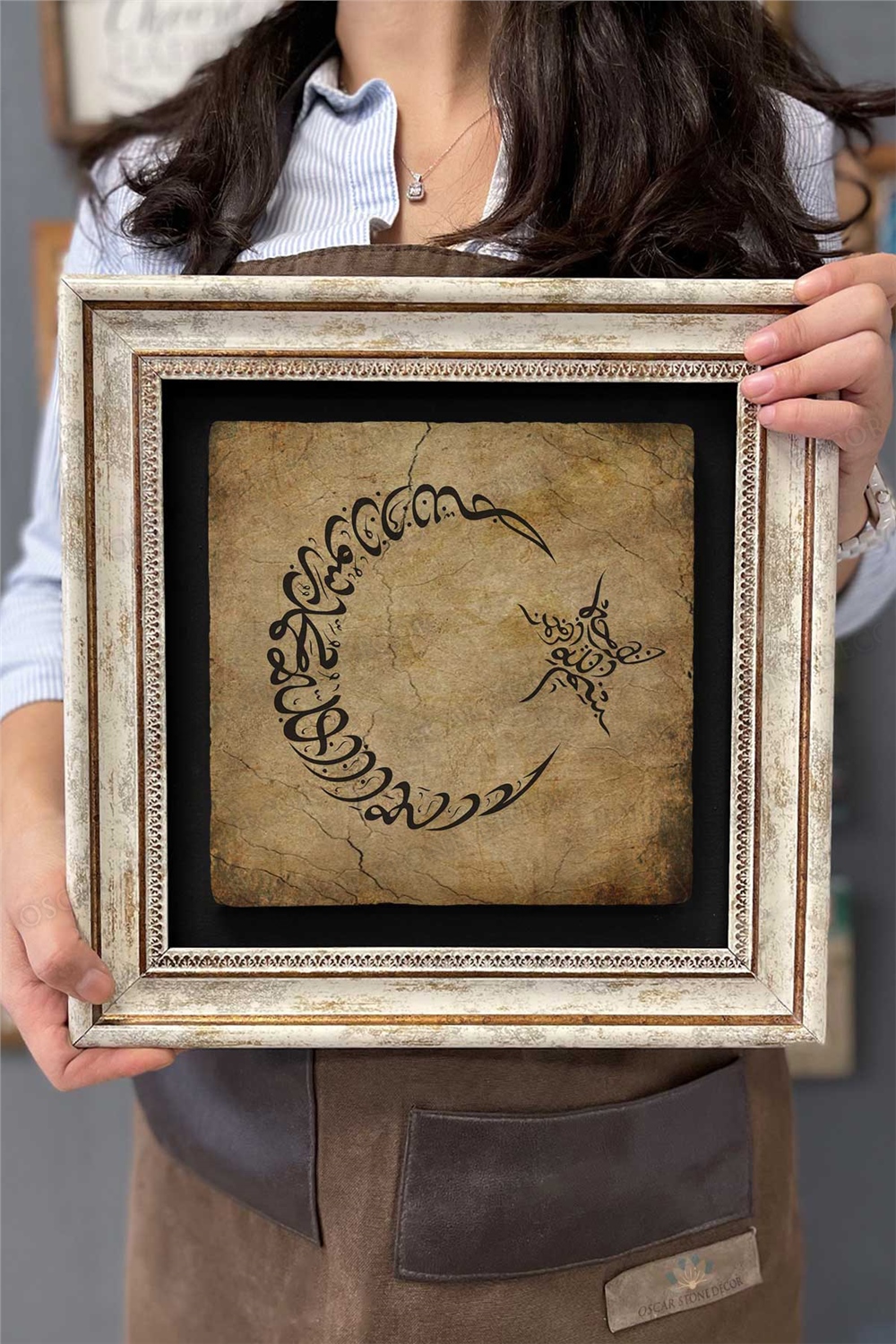 Oscar Stone Decor Çerçeveli Tablo Taş Duvar Dekoru 30 X 30 Cm Hat Sanatı ile Ay Yıldız