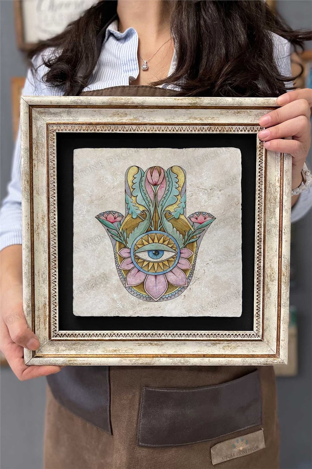 Oscar Stone Decor Çerçeveli Tablo Taş Duvar Dekoru 30 X 30 Cm Fatma Ana Eli Bereket Nazar Göz