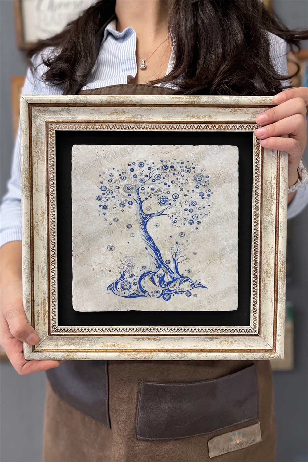 Oscar Stone Decor Çerçeveli Tablo Taş Duvar Dekoru 30 X 30 Cm Nazar Boncuklu Ağaç