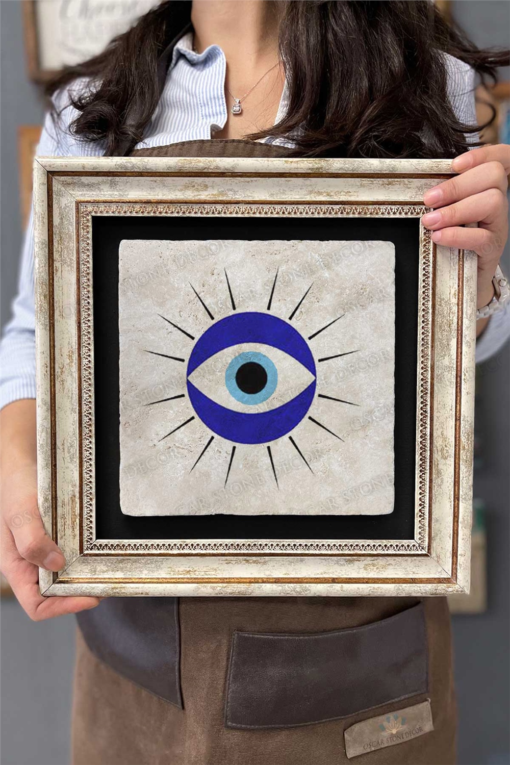 Oscar Stone Decor Çerçeveli Tablo Taş Duvar Dekoru 30 X 30 Cm Nazar Boncuğu Göz Tablosu